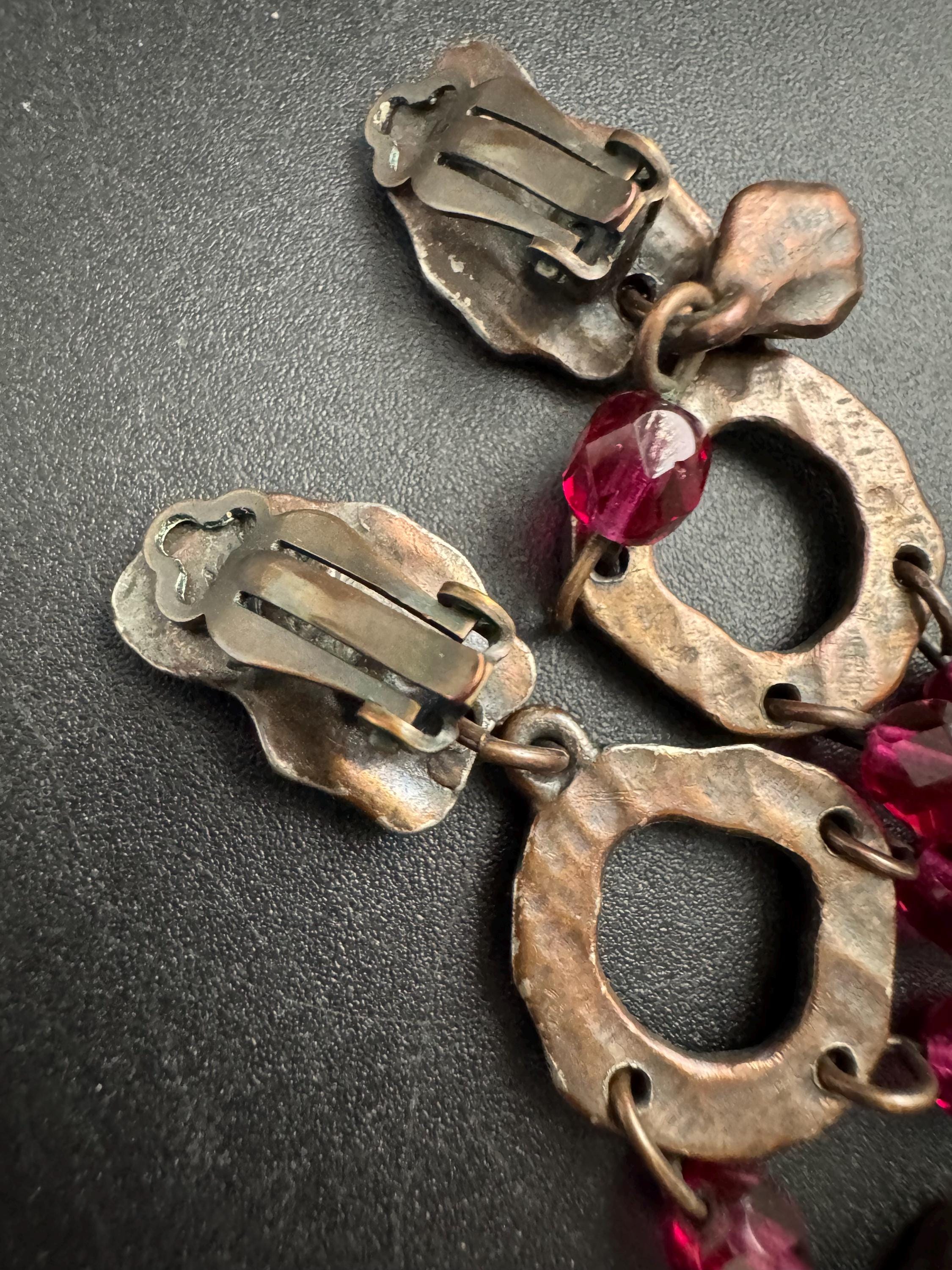 Signed Cecile Jeanne Paris pink Glass Beaded bronze Clip On Earrings