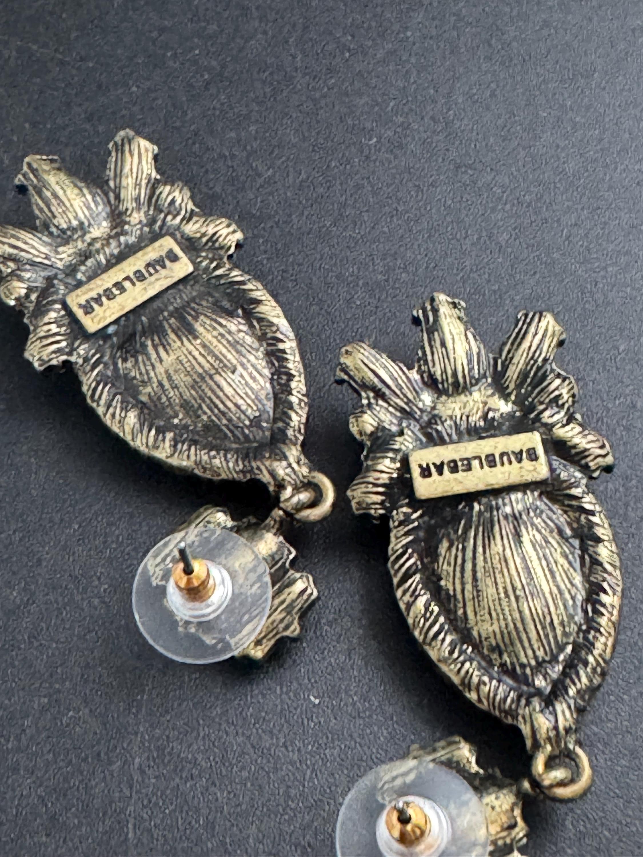 Emerald Green glass diamanté crystal drop earrings, signed baubleba pierced gold tone