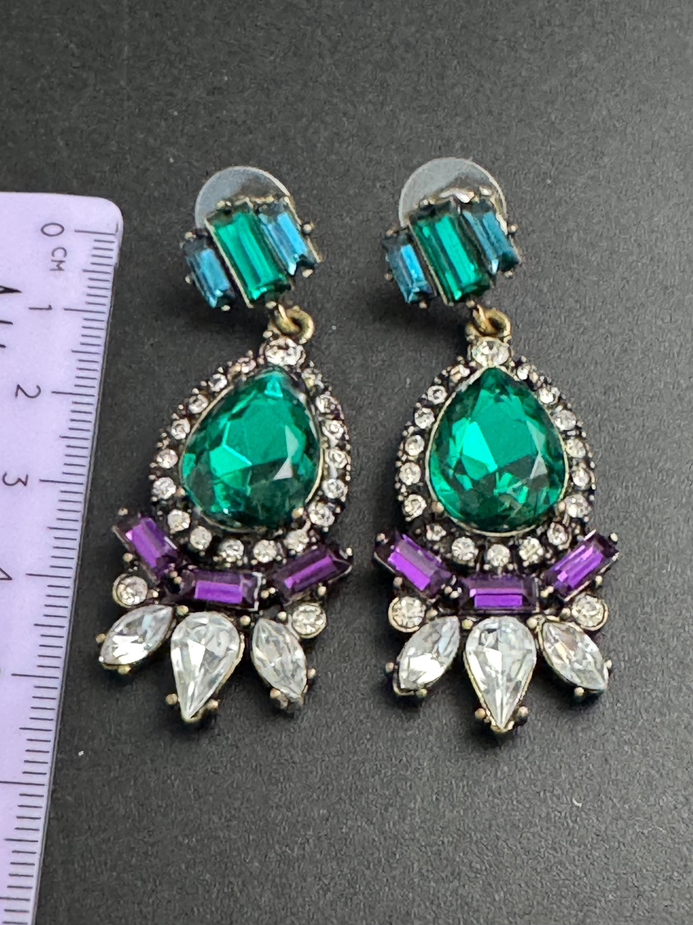 Emerald Green glass diamanté crystal drop earrings, signed baubleba pierced gold tone