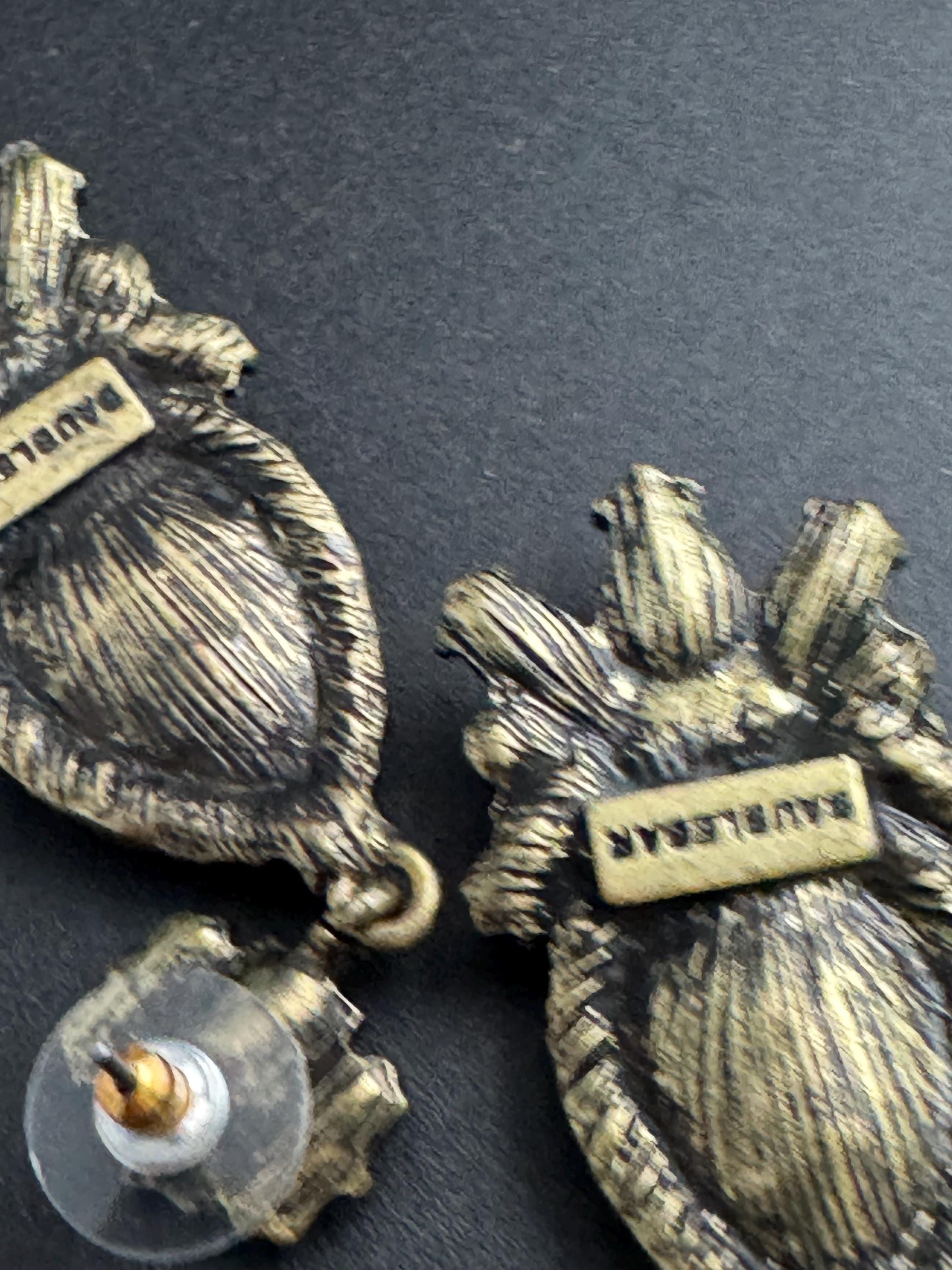 Emerald Green glass diamanté crystal drop earrings, signed baubleba pierced gold tone