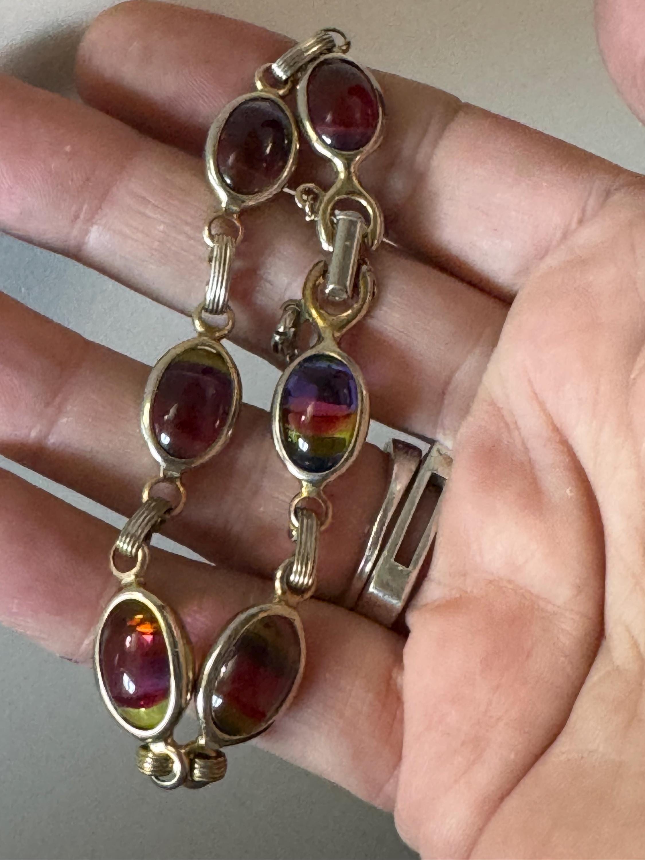 Sarah Coventry harmony rainbow glass cabochon chain link bracelet 19.5cm