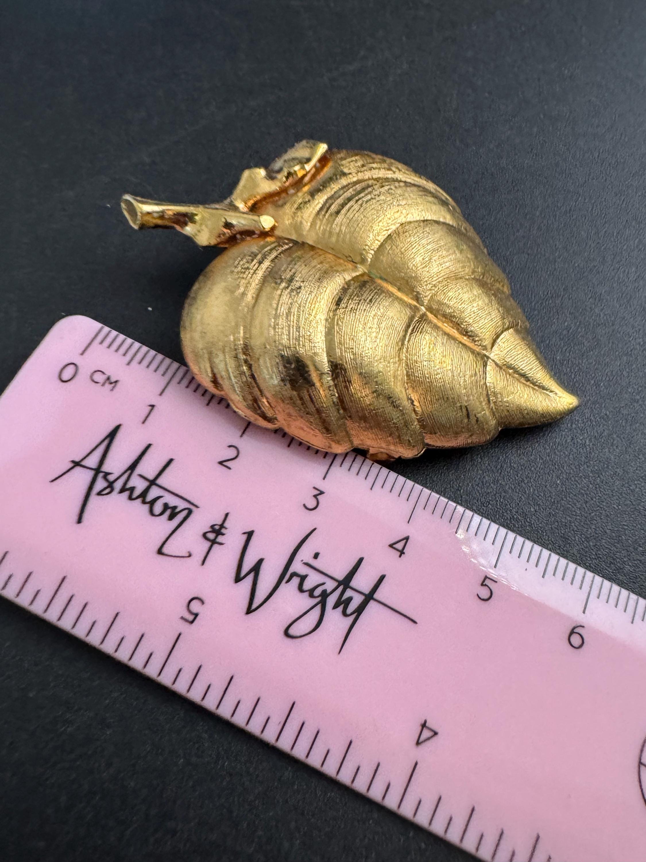 Vintage Avon Golden Leaf Brooch: Perfume Compact, Faux Pearl - Mid Century