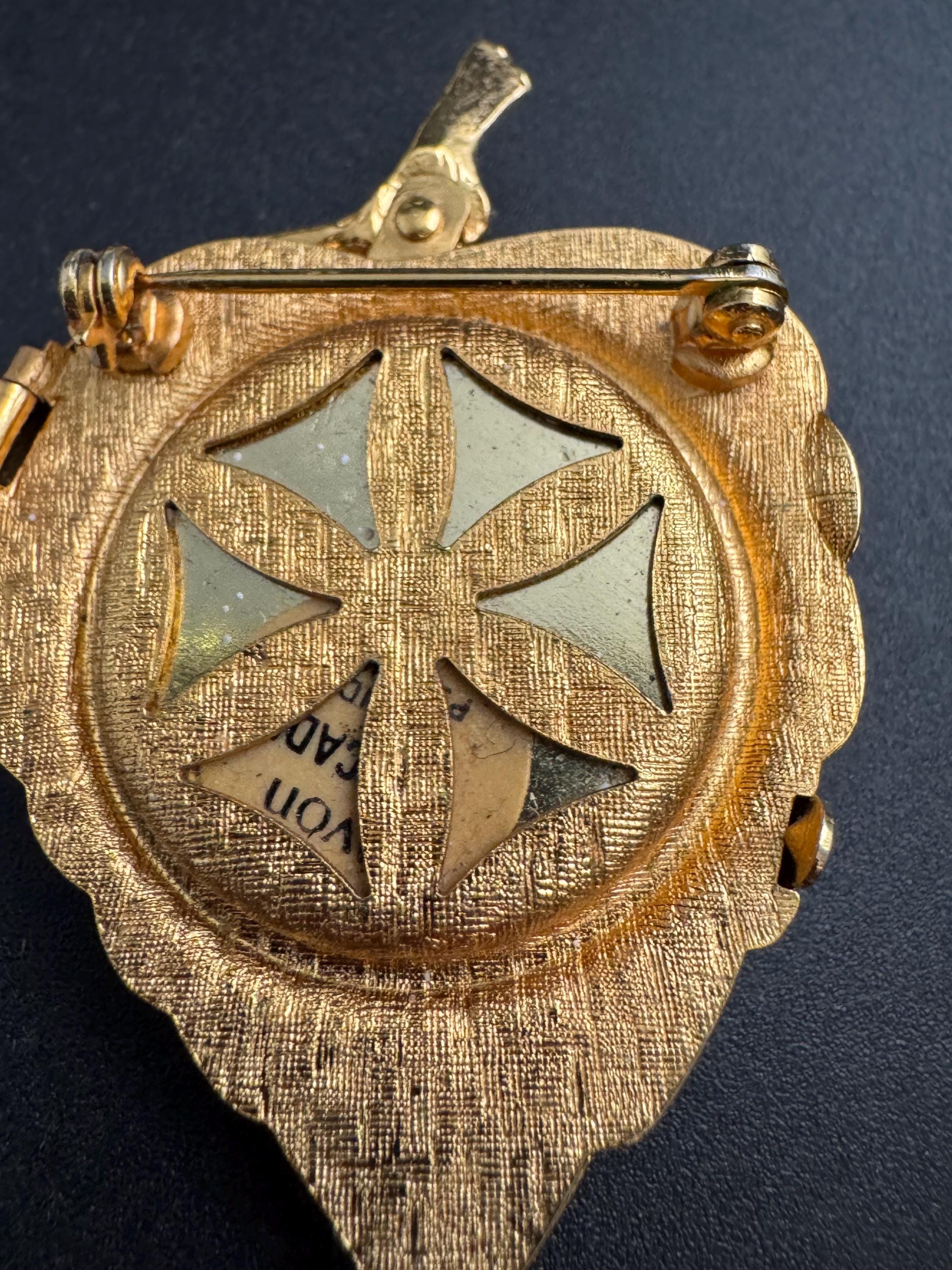 Vintage Avon Golden Leaf Brooch: Perfume Compact, Faux Pearl - Mid Century