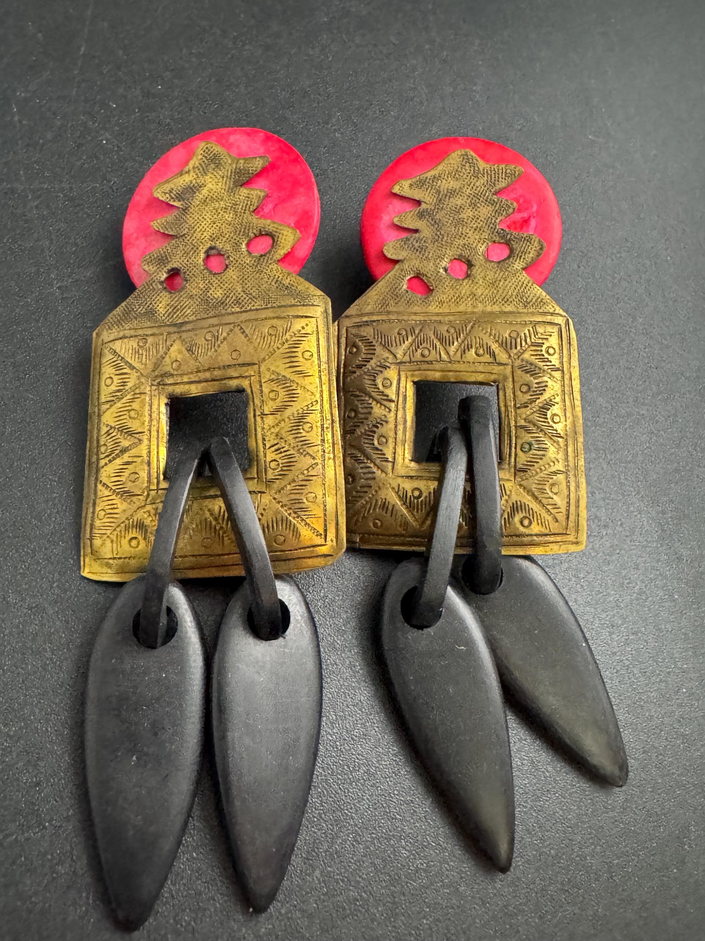 John Michelle Richardson Thai brass long drop earrings, designer 9cm vintage