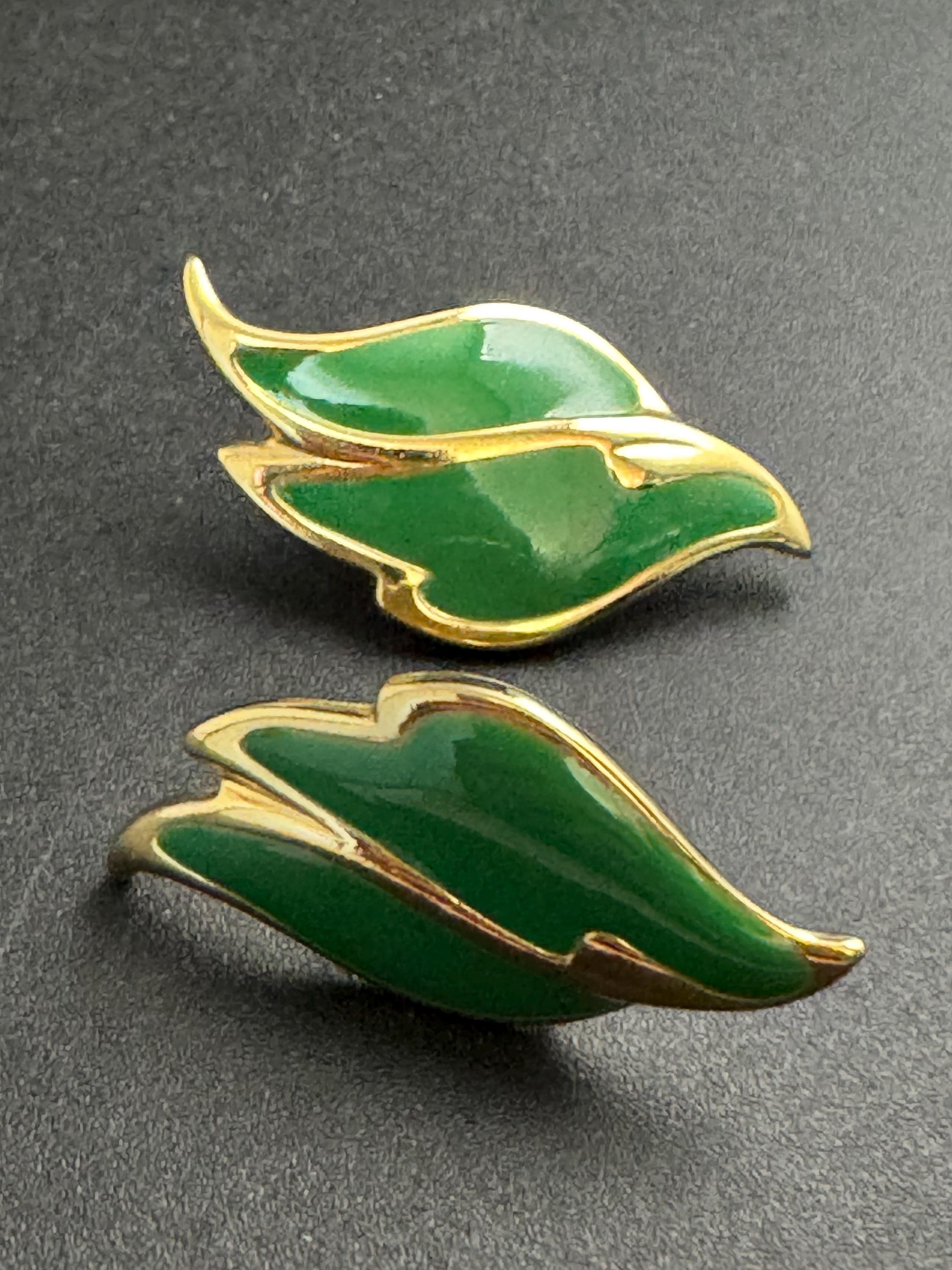green enamel leaf clip on earrings, signed L gold tone