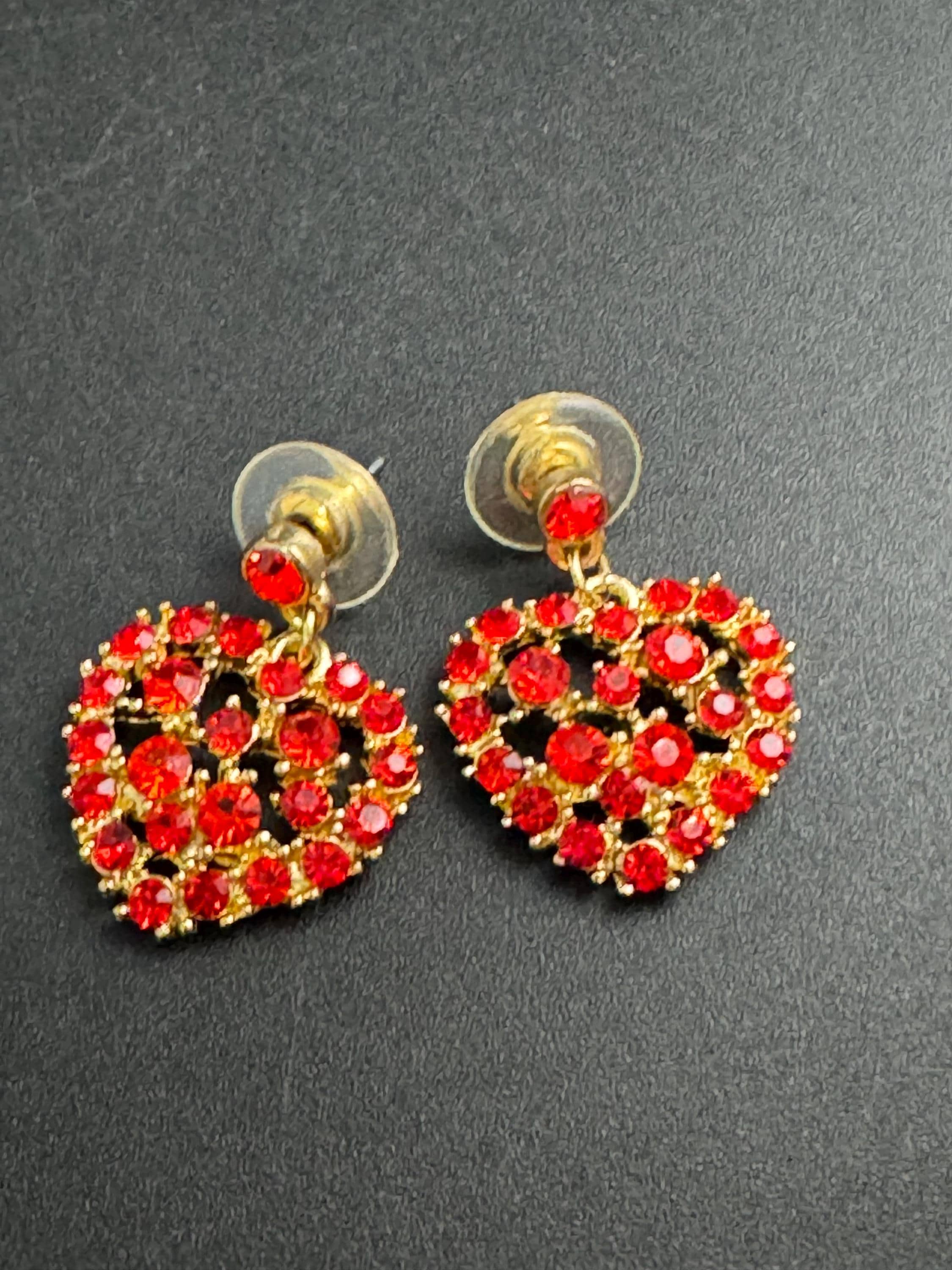 Retro Ruby red diamanté love heart drop earrings, signed pierced