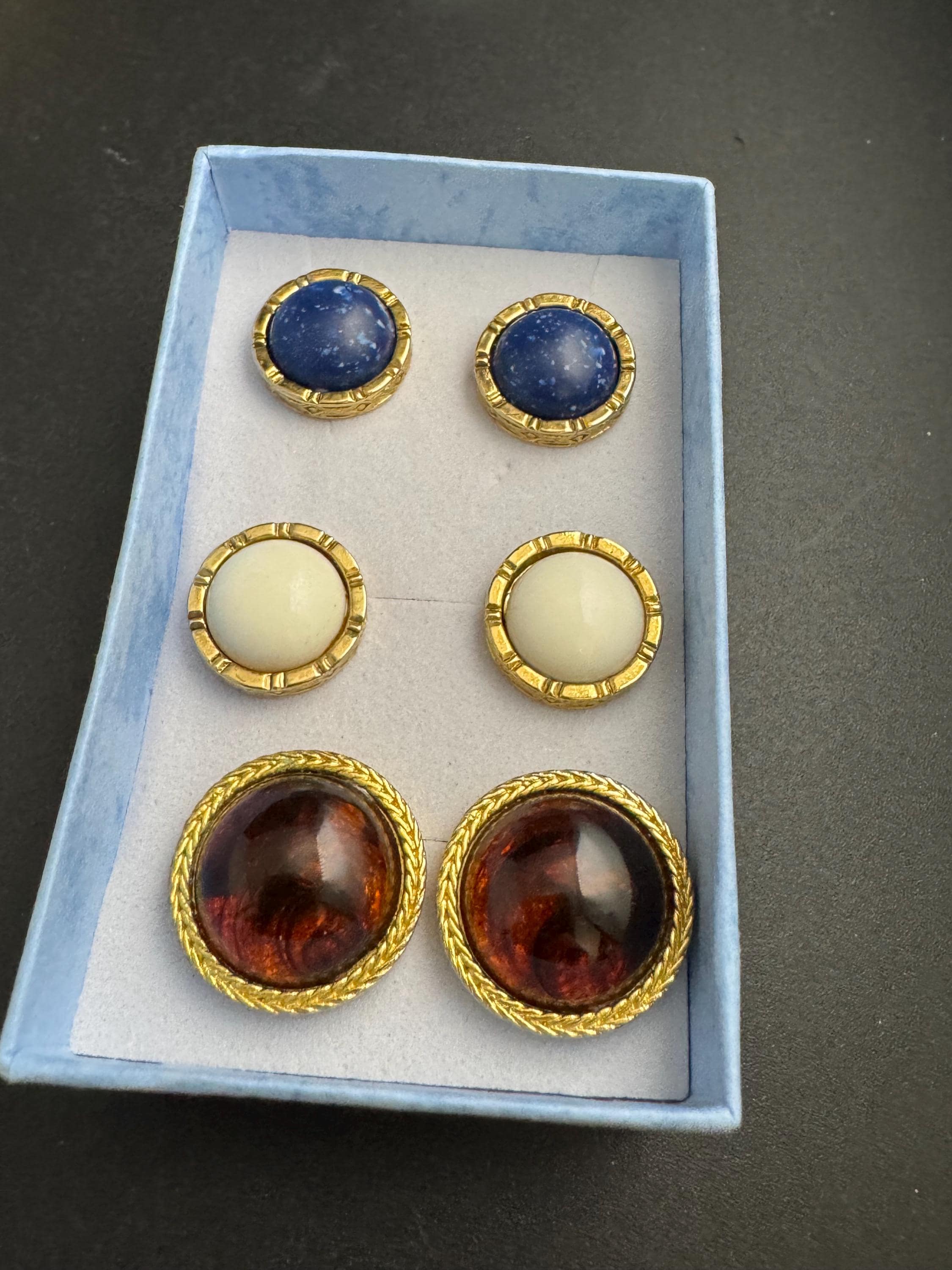 liz Claiborne set of 3 domed stud earrings, pierced brown cream blue