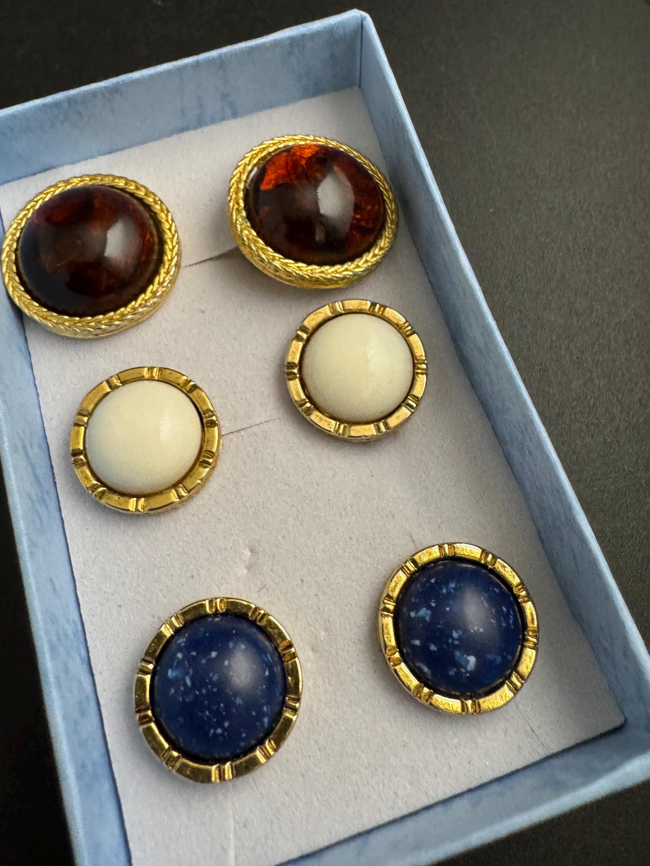 liz Claiborne set of 3 domed stud earrings, pierced brown cream blue
