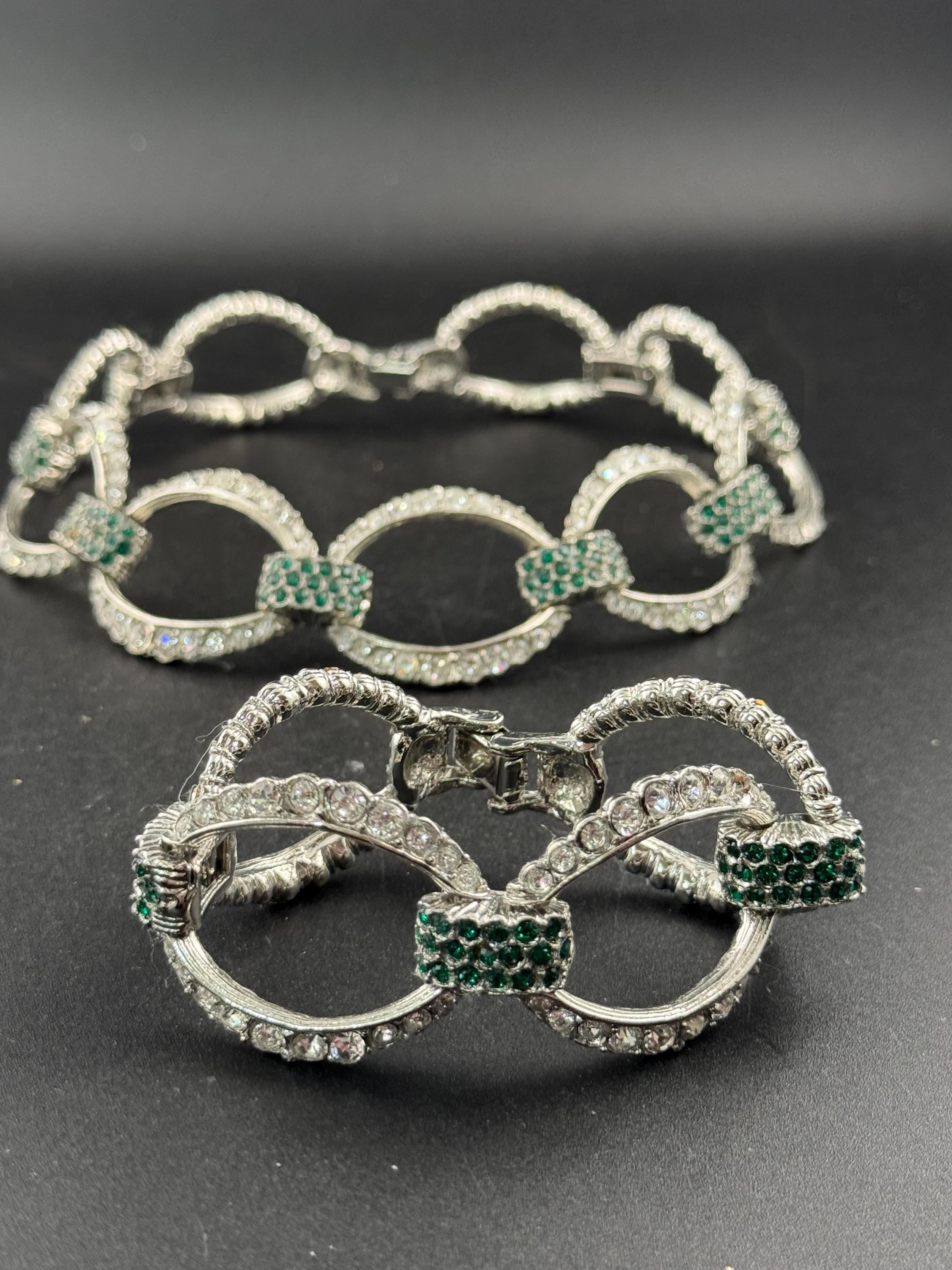 Emerald Diamanté crystal cocktail choker necklace and Bracelet set,  1980s vintage, silver tone