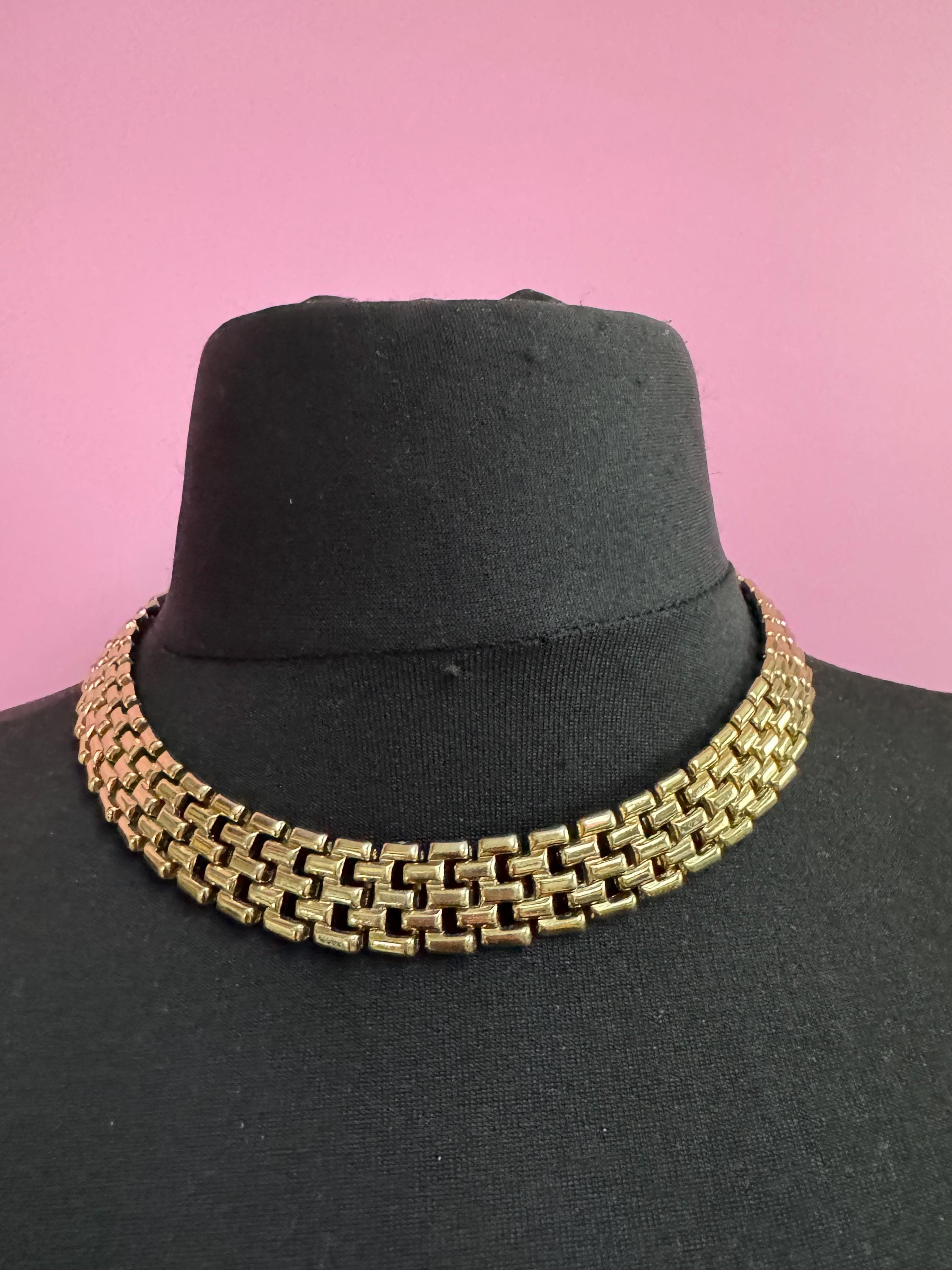 1980s wide panther brick link gold plated choker necklace 44cm