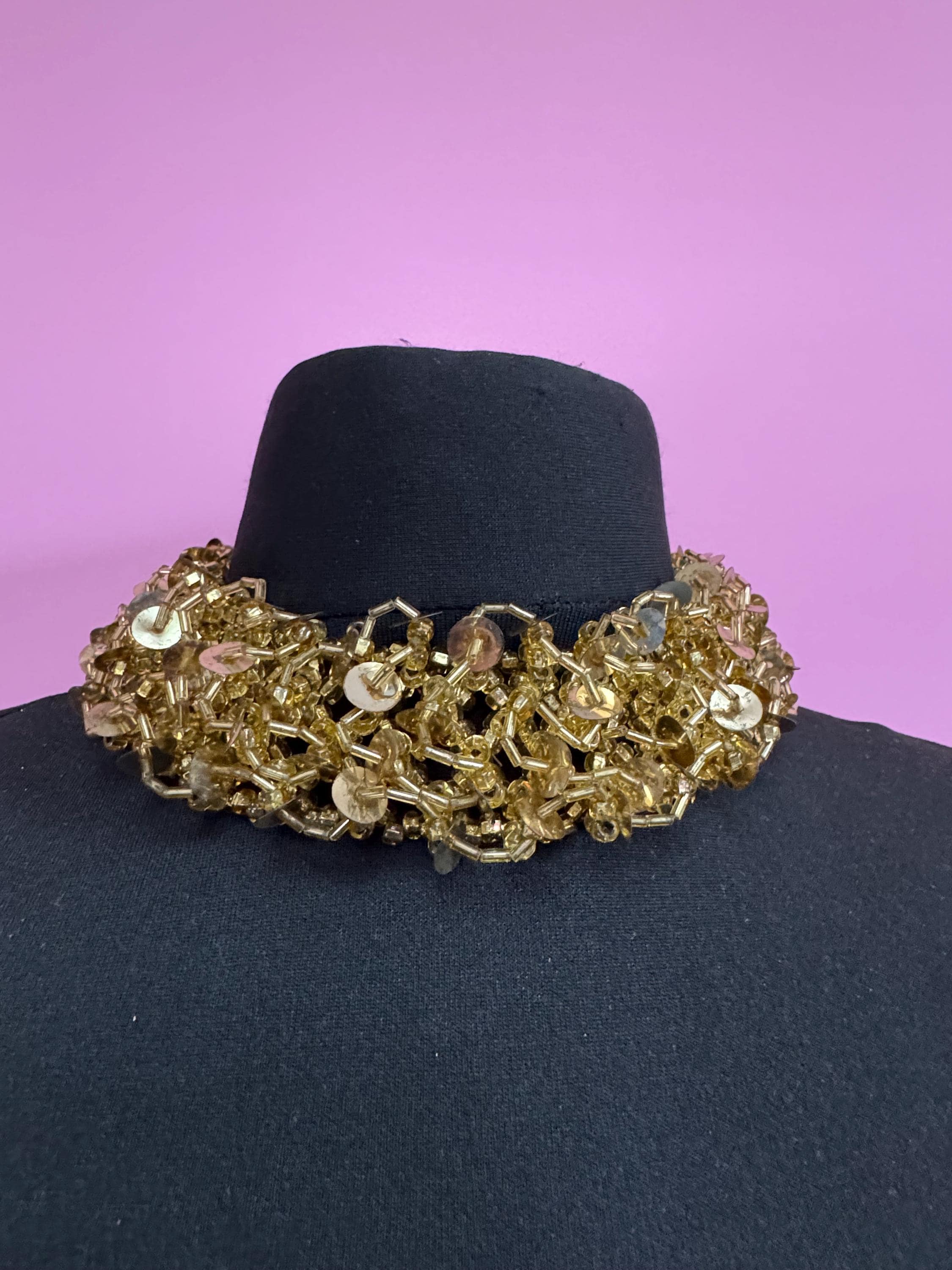 1980s signed Italian wide beaded gold choker necklace 46cm