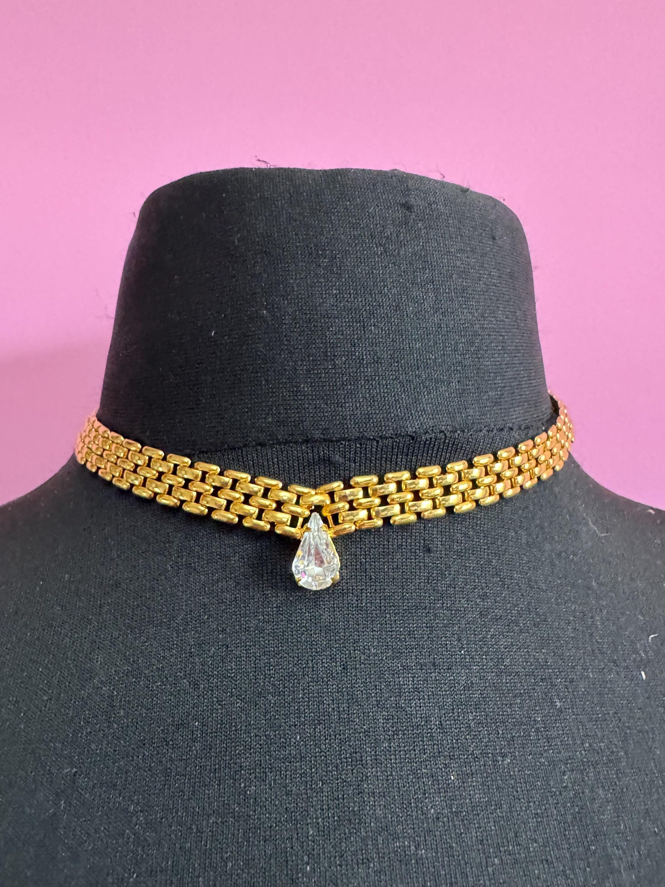 40cm panther link teardrop crystal diamanté gold tone choker necklace, brick chain, Retro 1980s