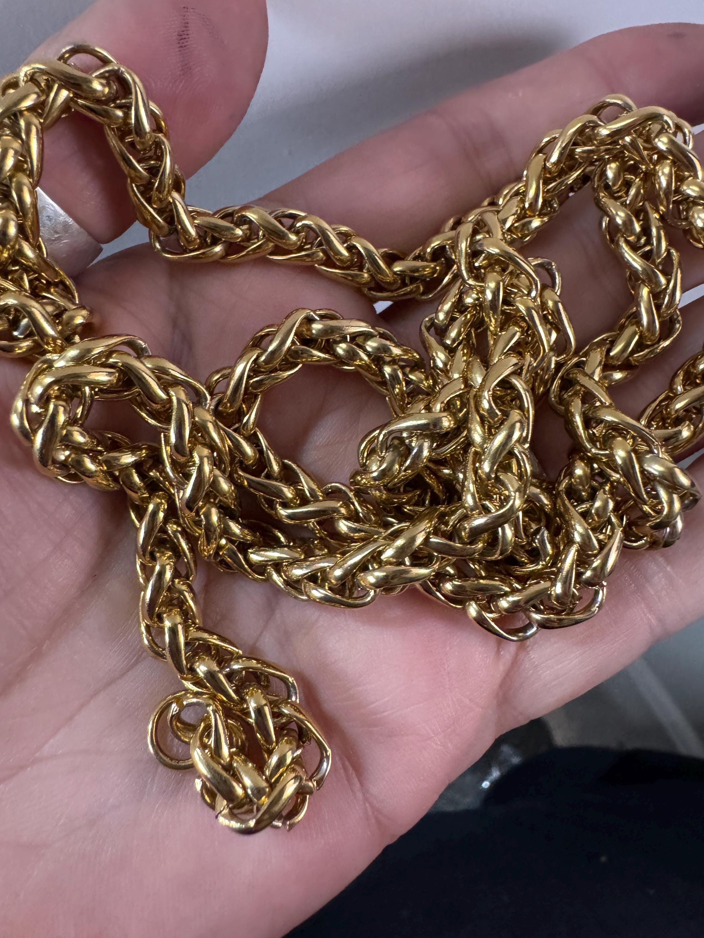 78cm long 1980s thick gold plated wheat link chain necklace