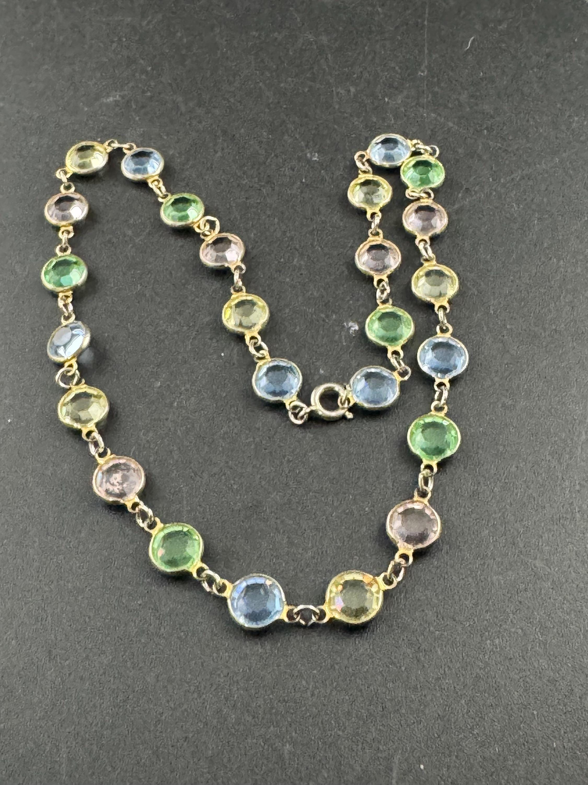 Rivière bezel set pastel glass faceted chain necklace , gold tone