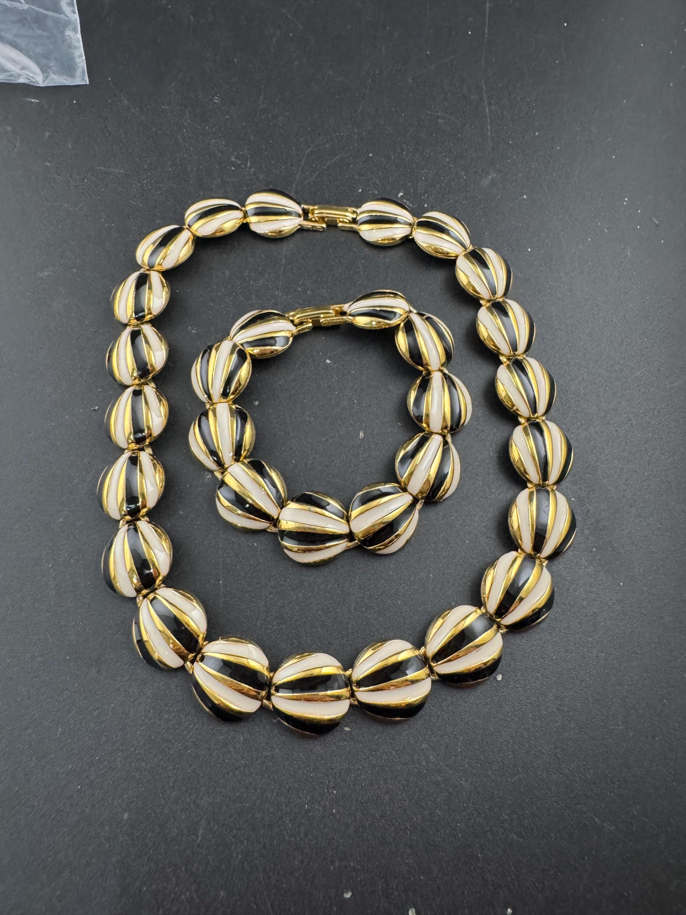 Vintage black and cream enamel panel link necklace and bracelet, jewellery set in gold tone