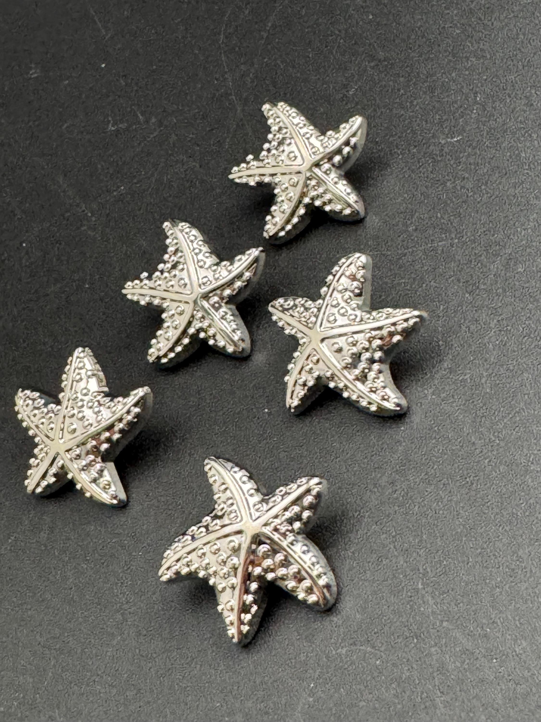 Pack 5 23mm silver starfish buttons, metal shank nautical