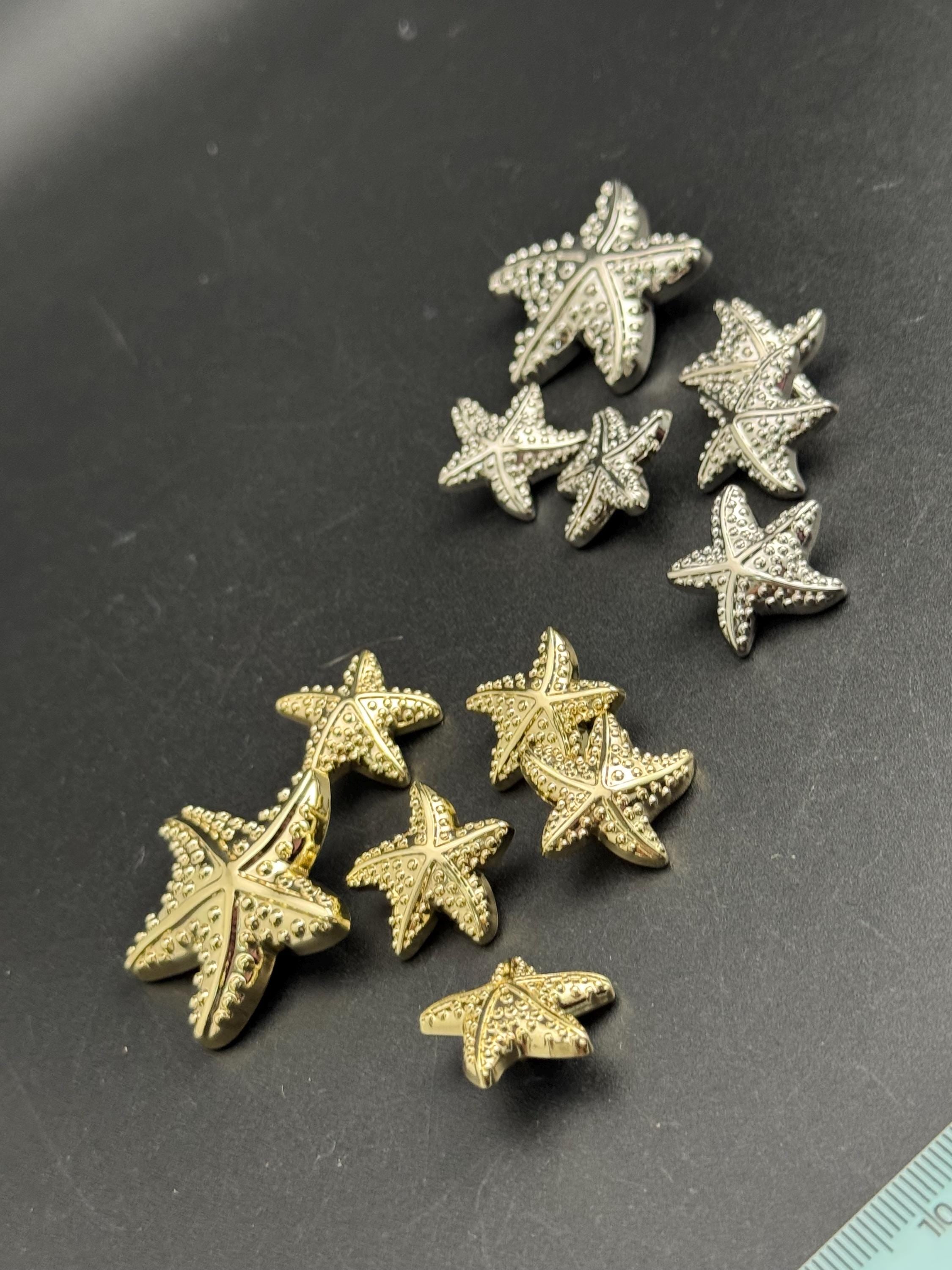 Pack 5 23mm silver starfish buttons, metal shank nautical