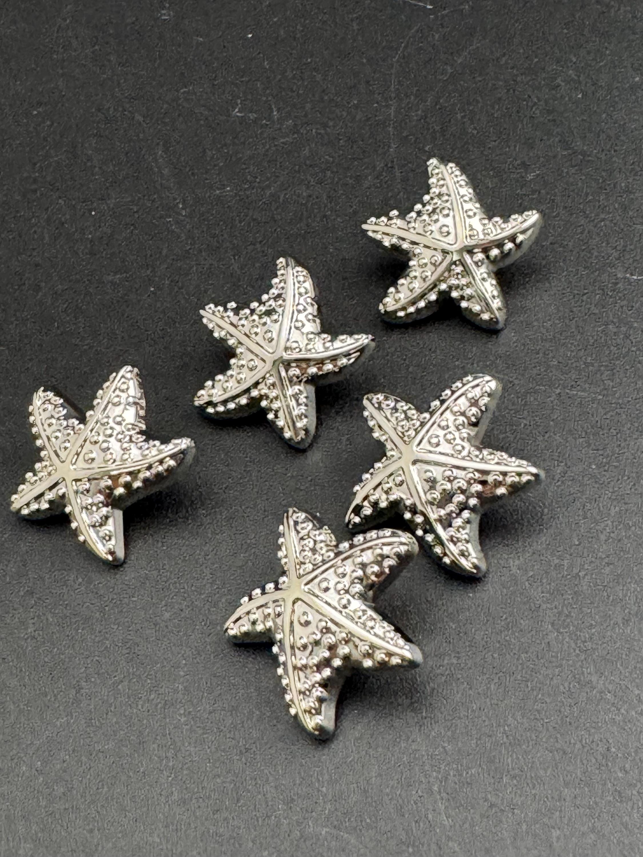 Pack 5 23mm silver starfish buttons, metal shank nautical