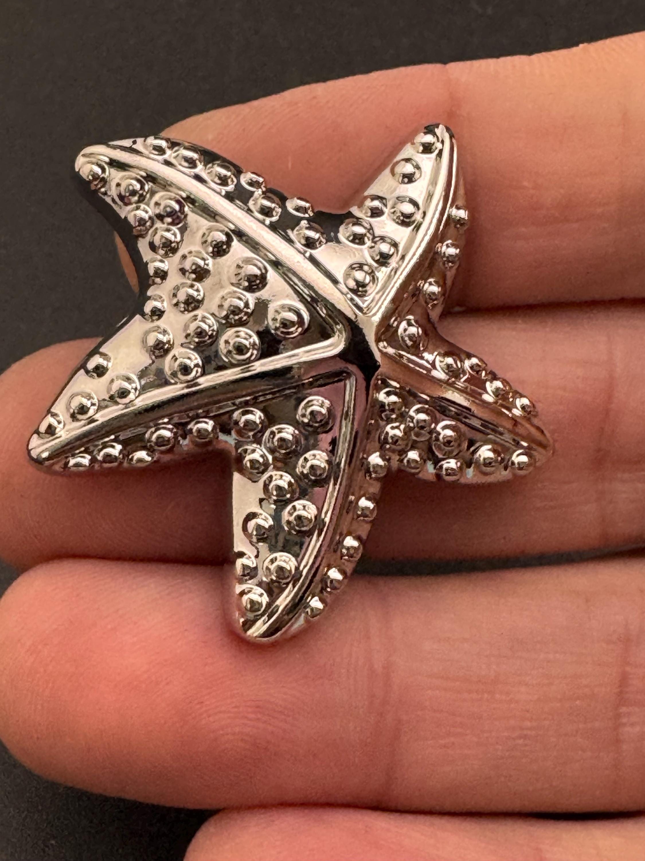 large silver starfish button, metal 1 piece 38mm, nautical