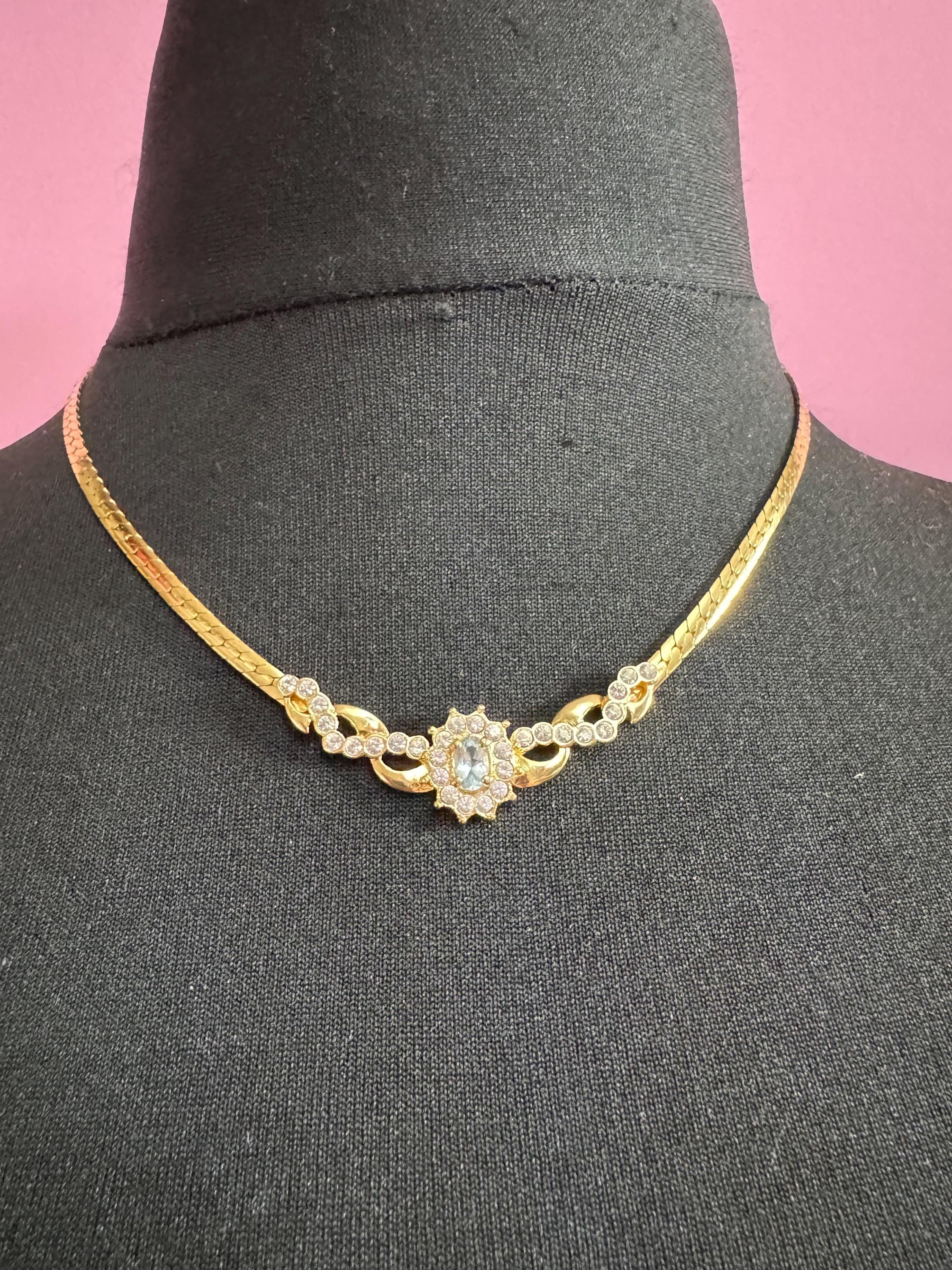 Signed MOVITEX light sapphire diamanté gold chain necklace