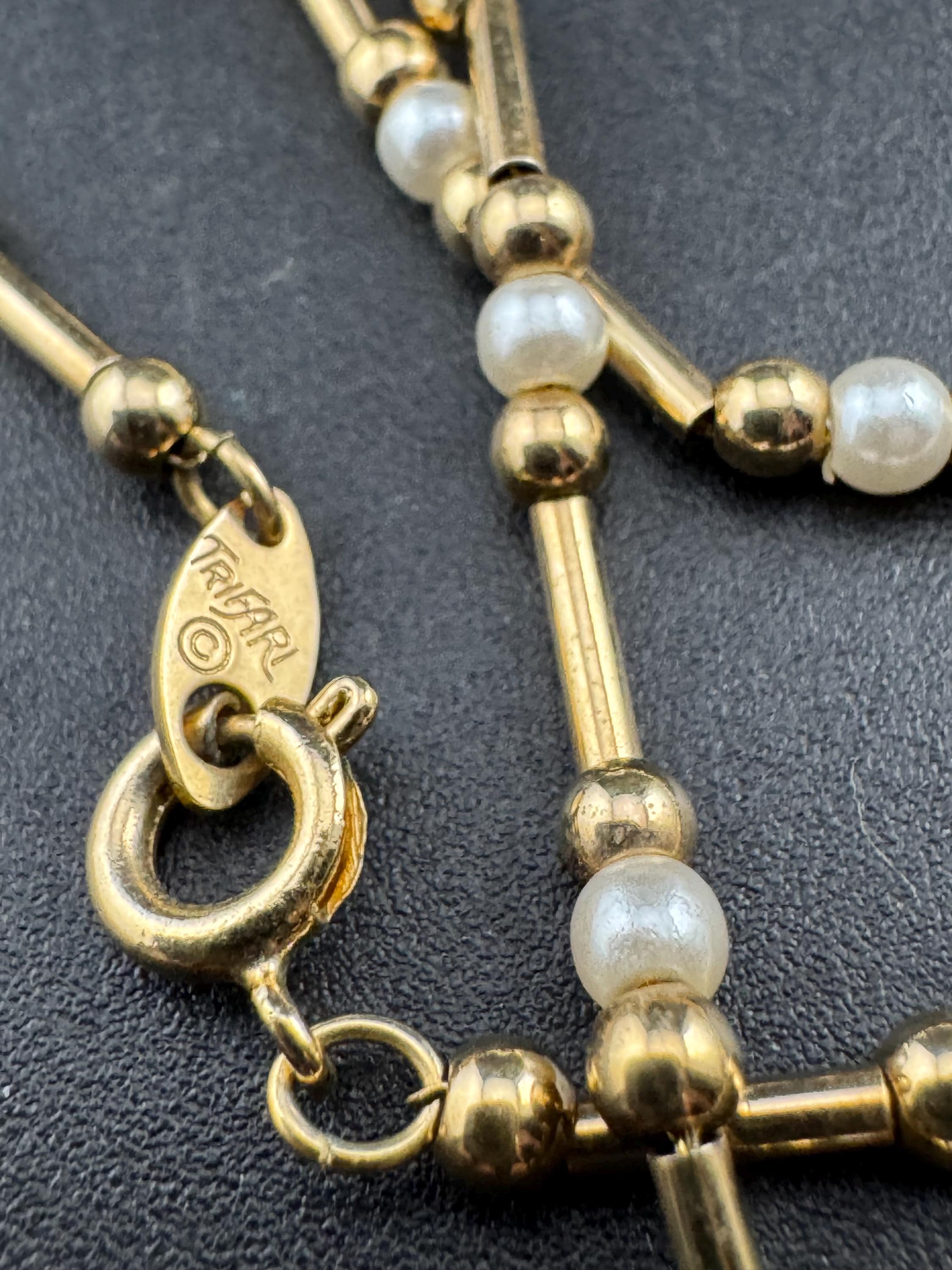 Signed trifari gold and pearl beaded necklace , 60cm