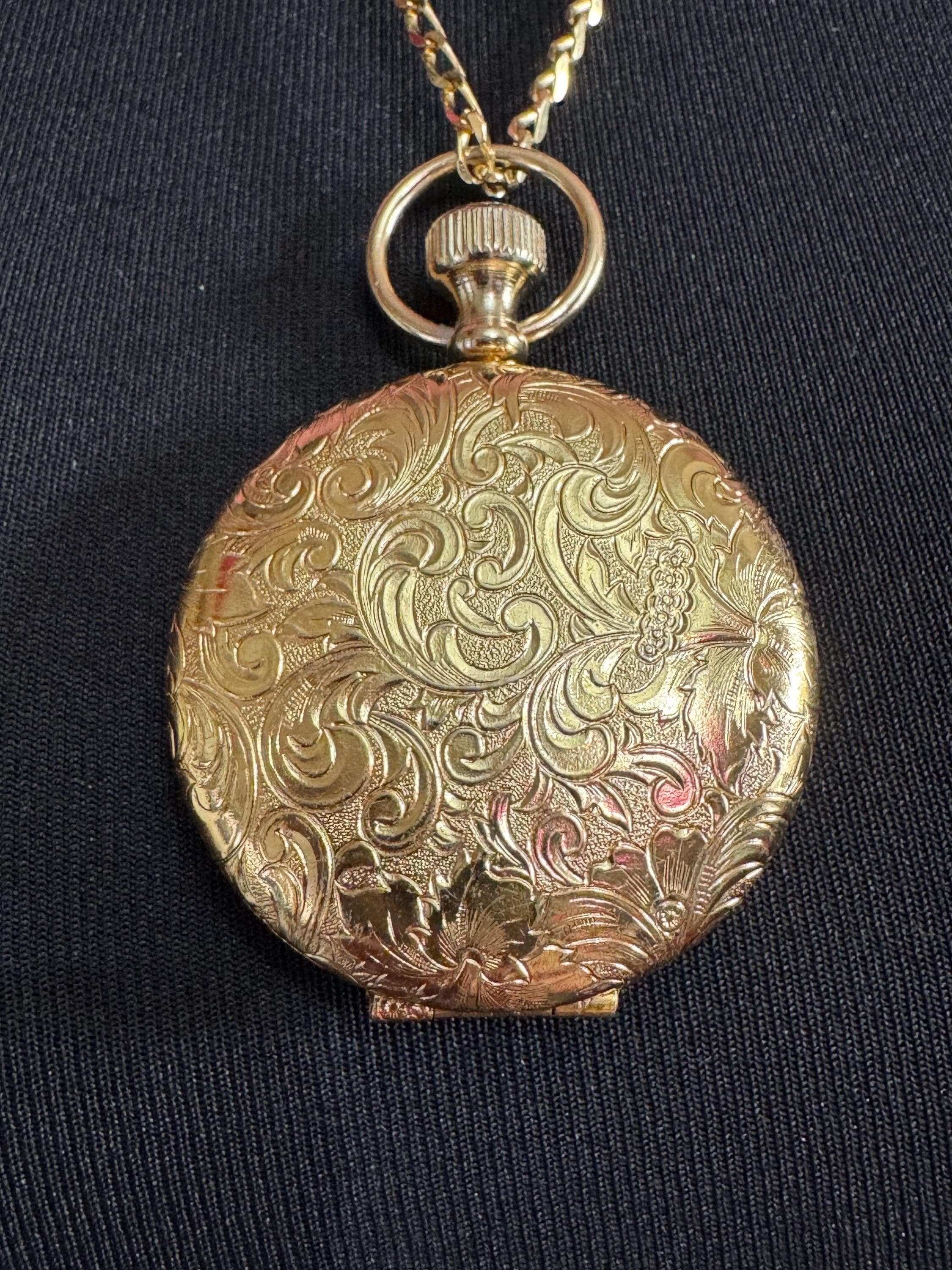 Vintage Estee Lauder face powder watch pendant necklace, gold tone