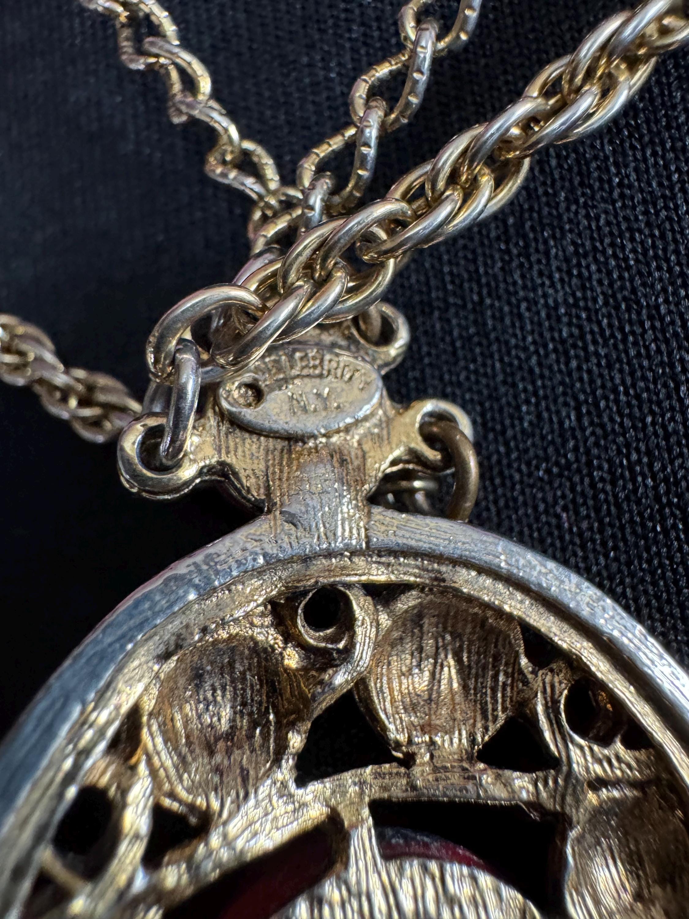 Signed CELEBRITY long gold rope chain red Etruscan pendant necklace