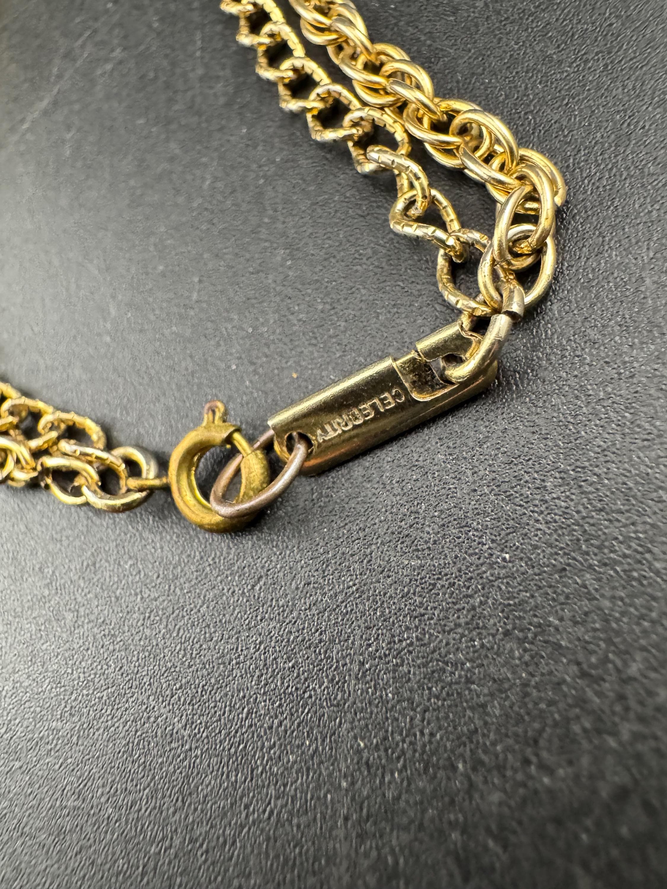 Signed CELEBRITY long gold rope chain red Etruscan pendant necklace