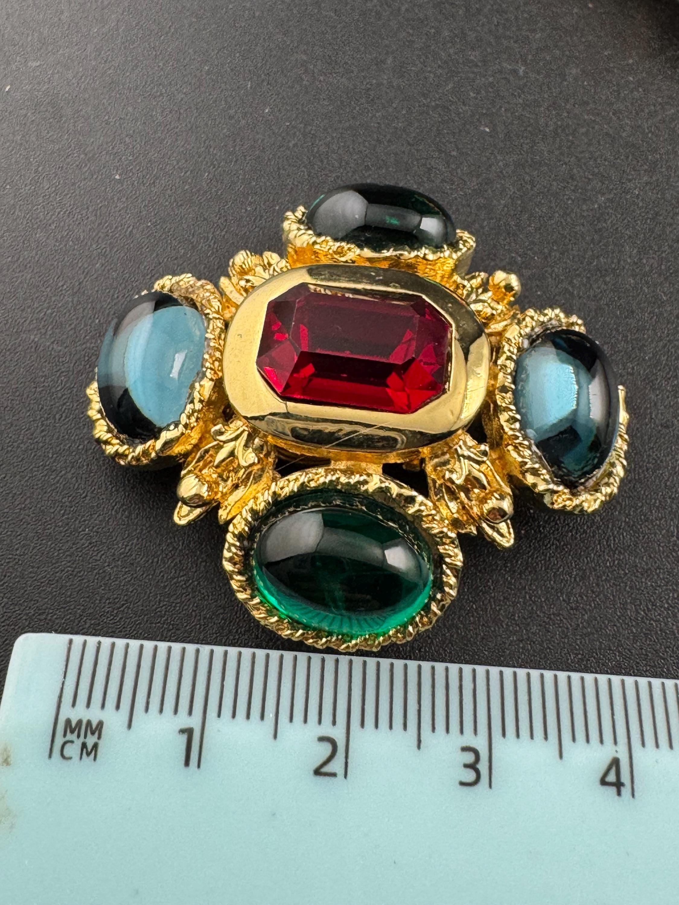 Vintage 1980s Swarovski Crystal Cross Earrings: Gold Tone Emerald ruby sapphire Cabochon