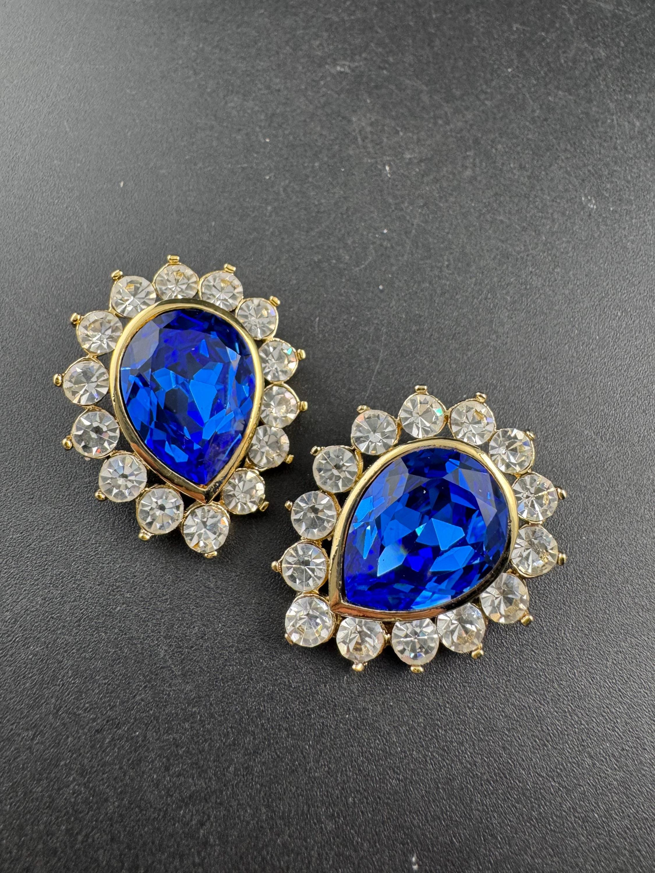 Oversized Gold Tone Sapphire Blue Swarovski Crystal teardrop clip on Earrings - 1980s Stock