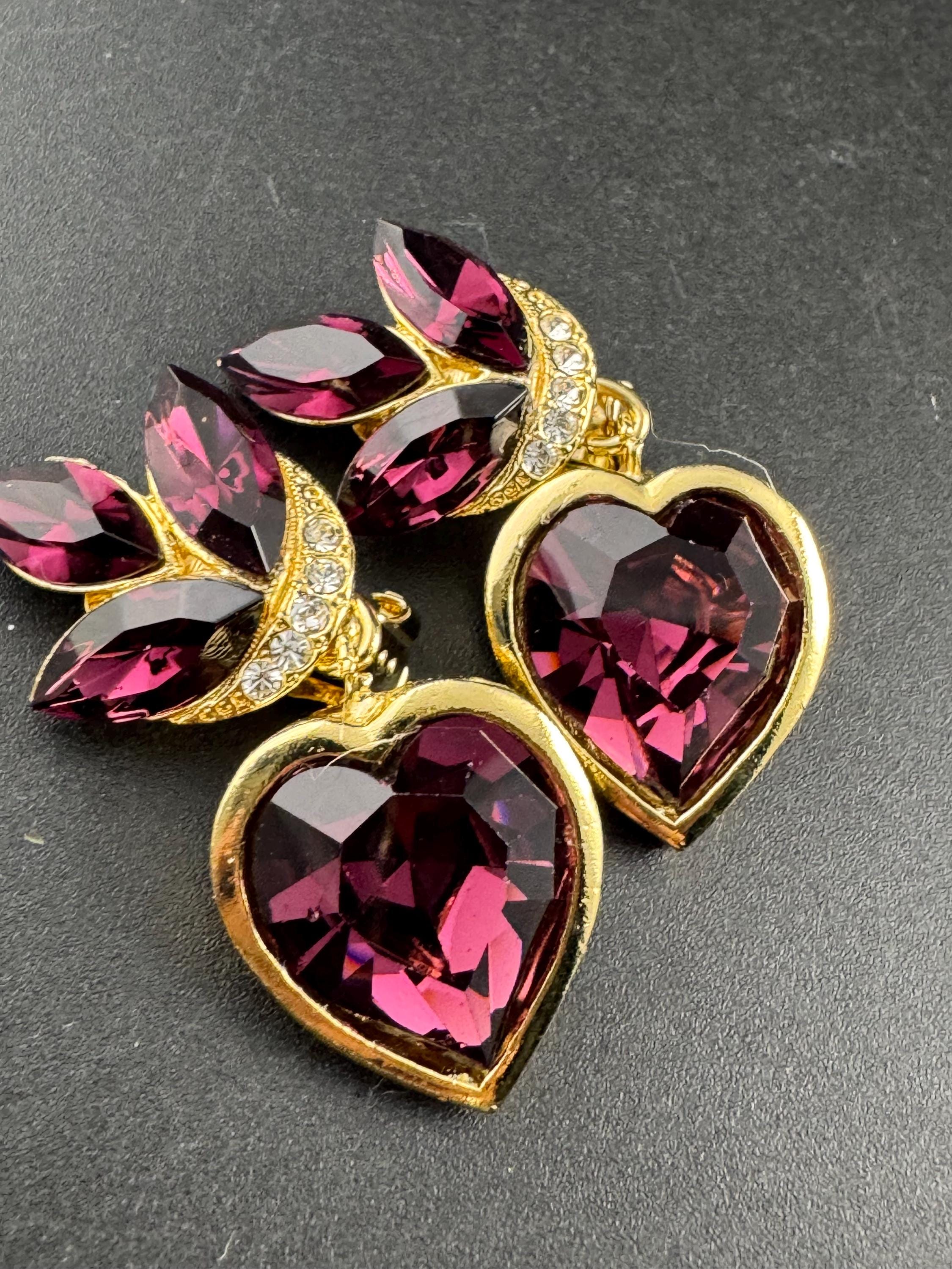Vintage 1980s Swarovski Crystal dangly Earrings: Gold Tone Purple Crystal