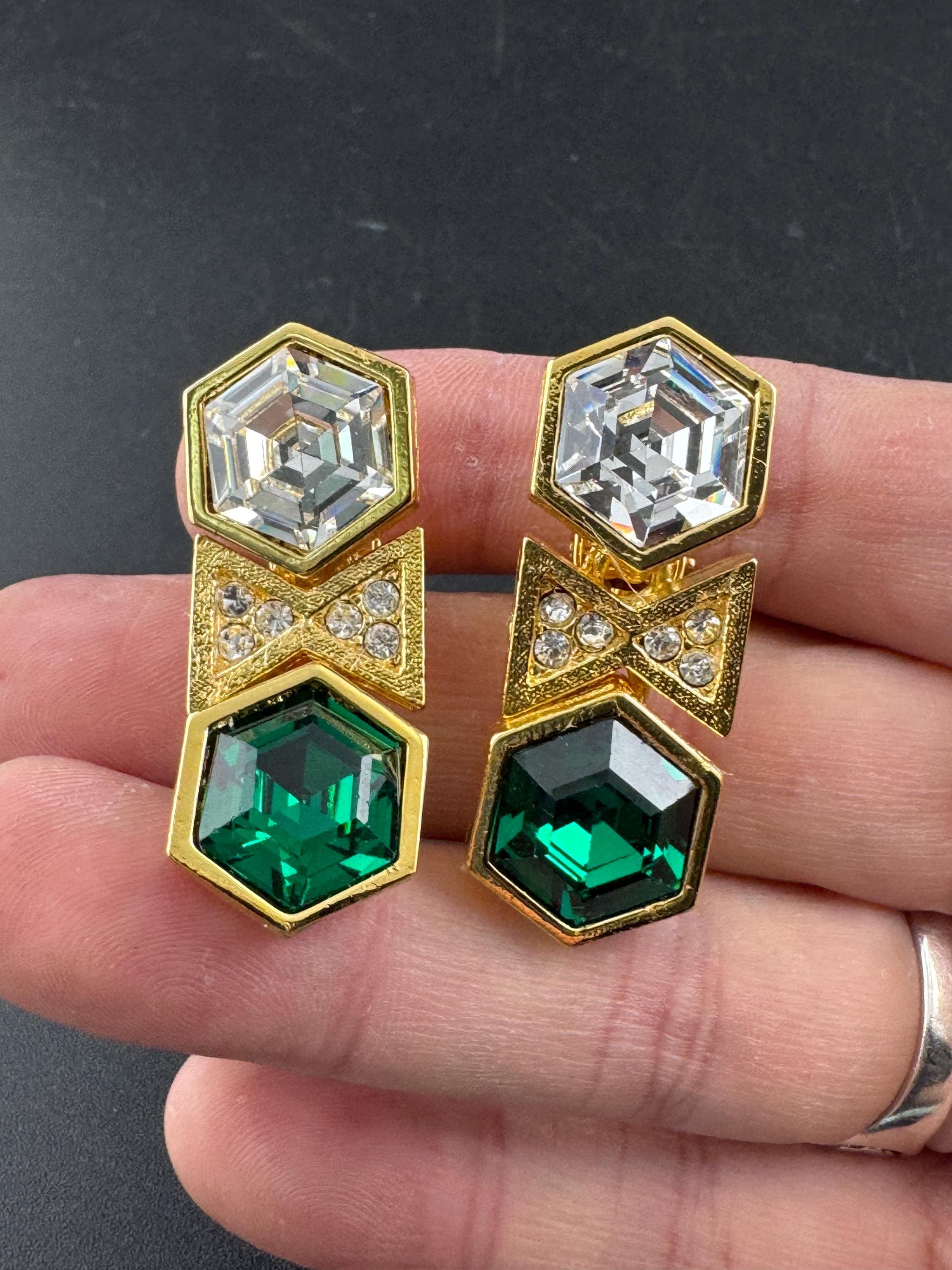 vintage emerald green and clear Swarovski crystal hexagon drop earrings, gold tone