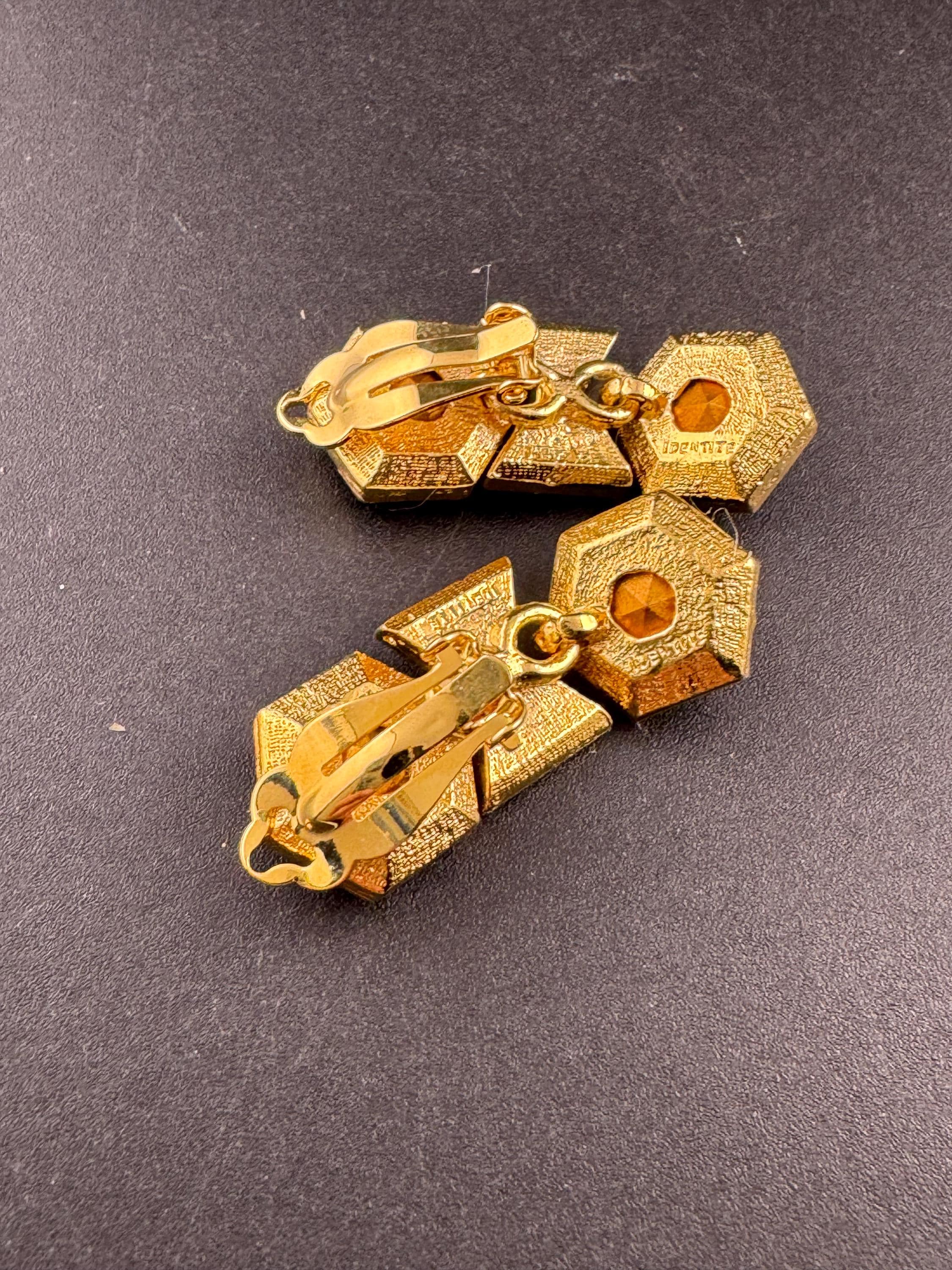 vintage emerald green and clear Swarovski crystal hexagon drop earrings, gold tone