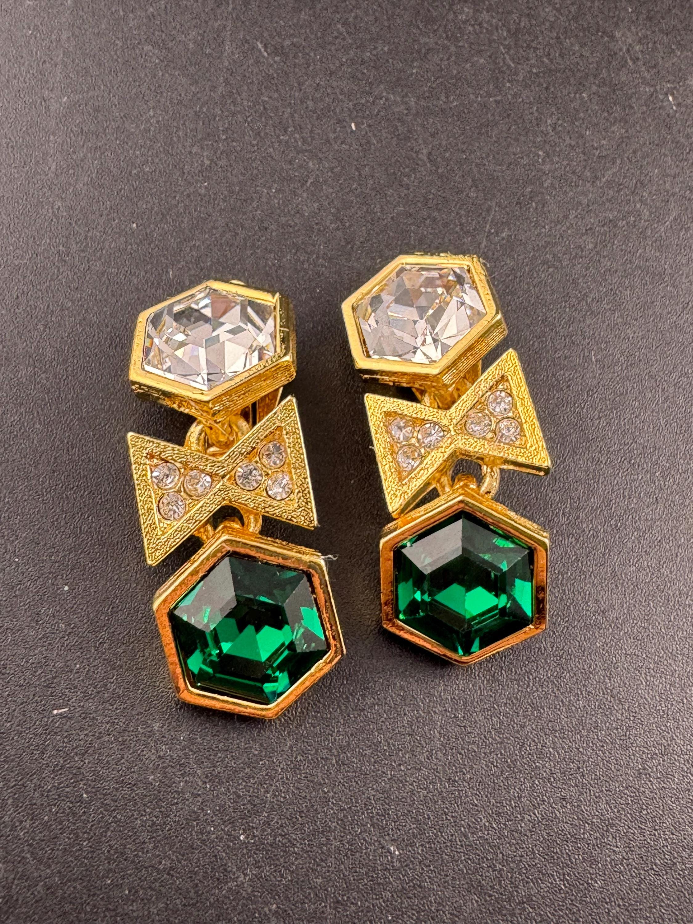 vintage emerald green and clear Swarovski crystal hexagon drop earrings, gold tone