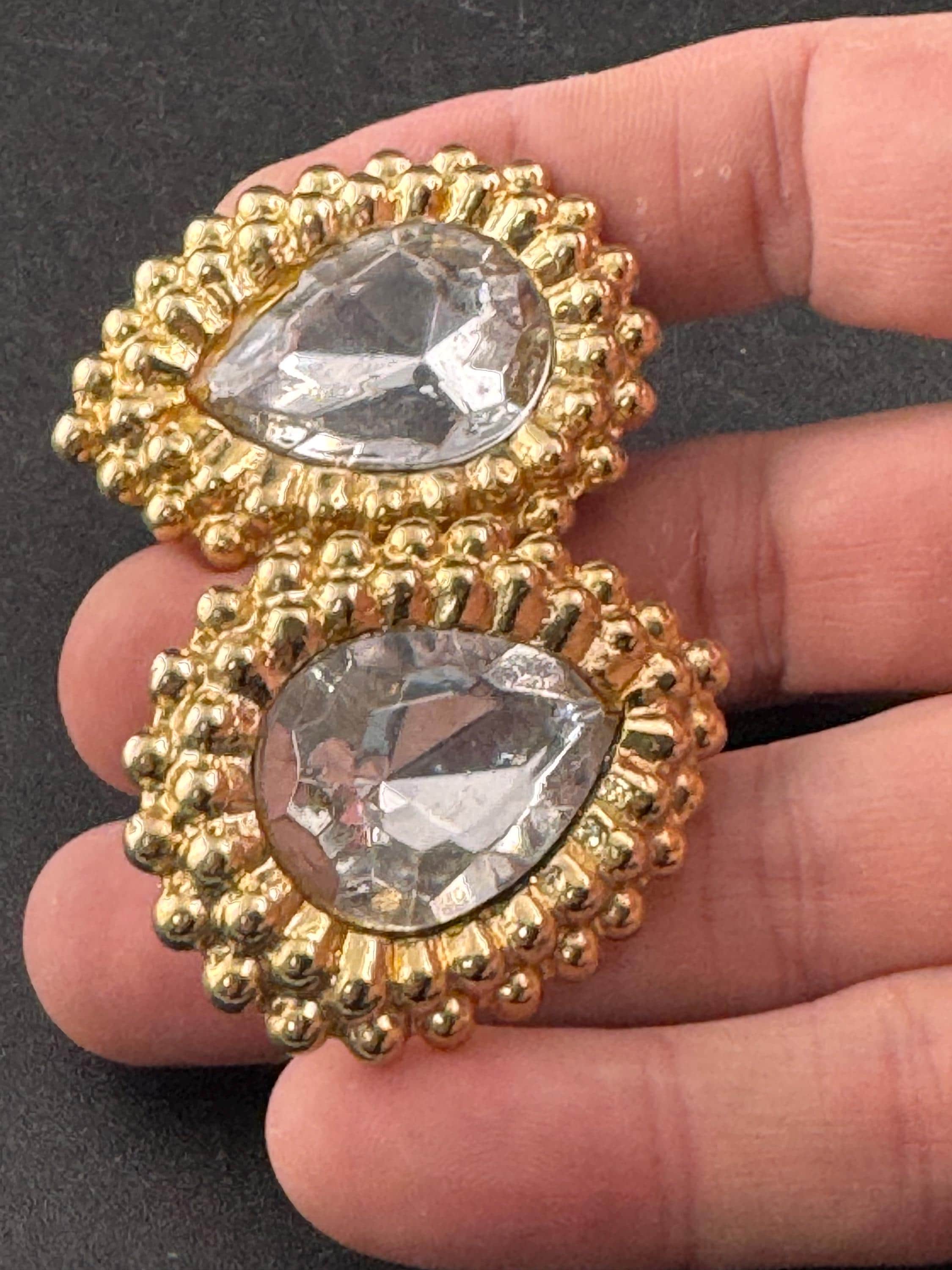 vintage oversized 4cm clear glass crystal teardrop stud earrings , gold tone