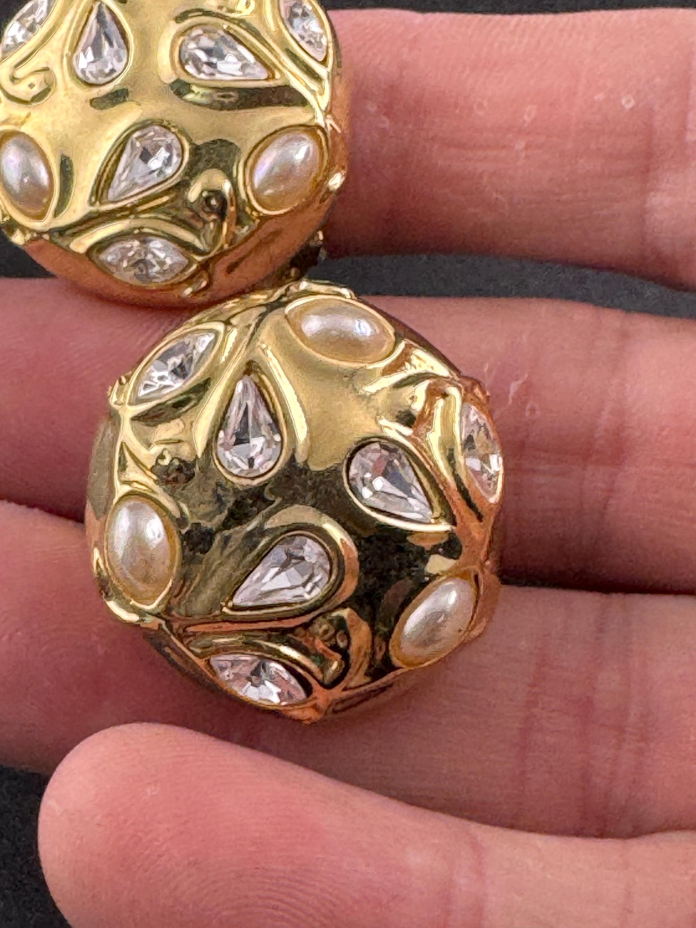 Faux pearl and Clear Diamanté paste gold tone domed Clip On Earrings