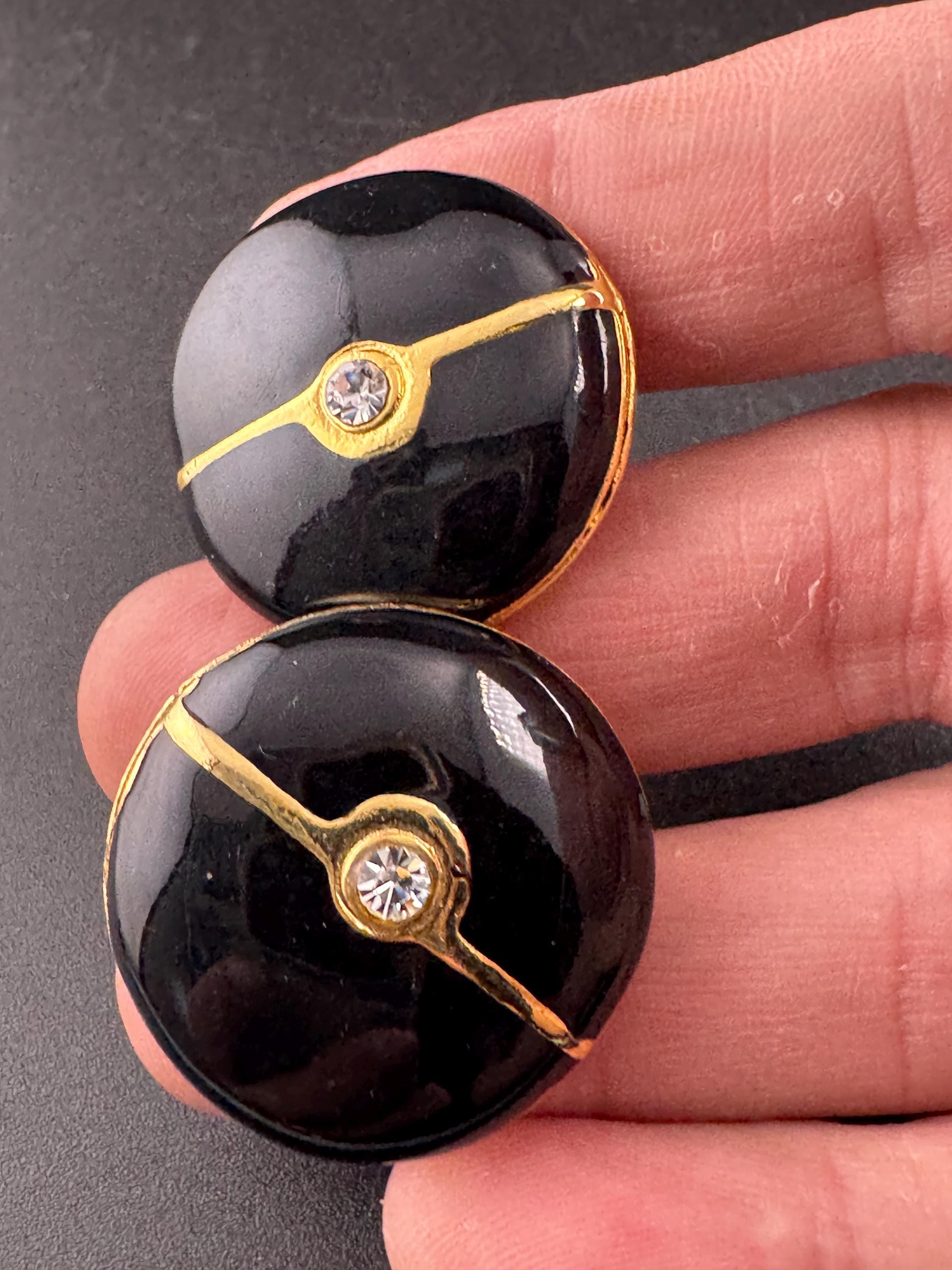 Vintage black enamel diamante and pearl clip on earrings, gold tone 1980s