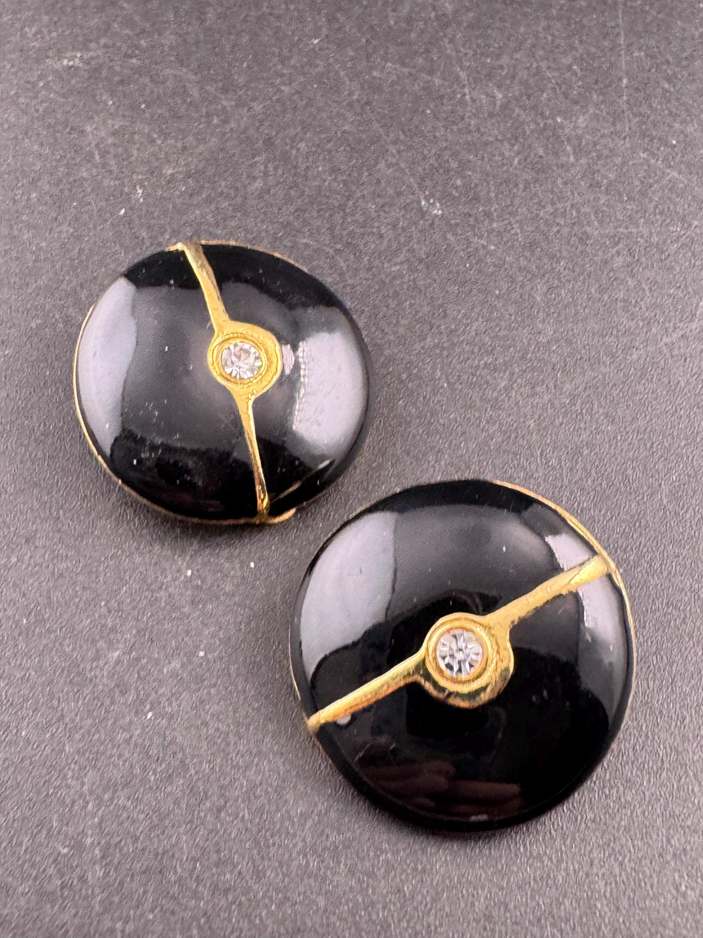 Vintage black enamel diamante and pearl clip on earrings, gold tone 1980s