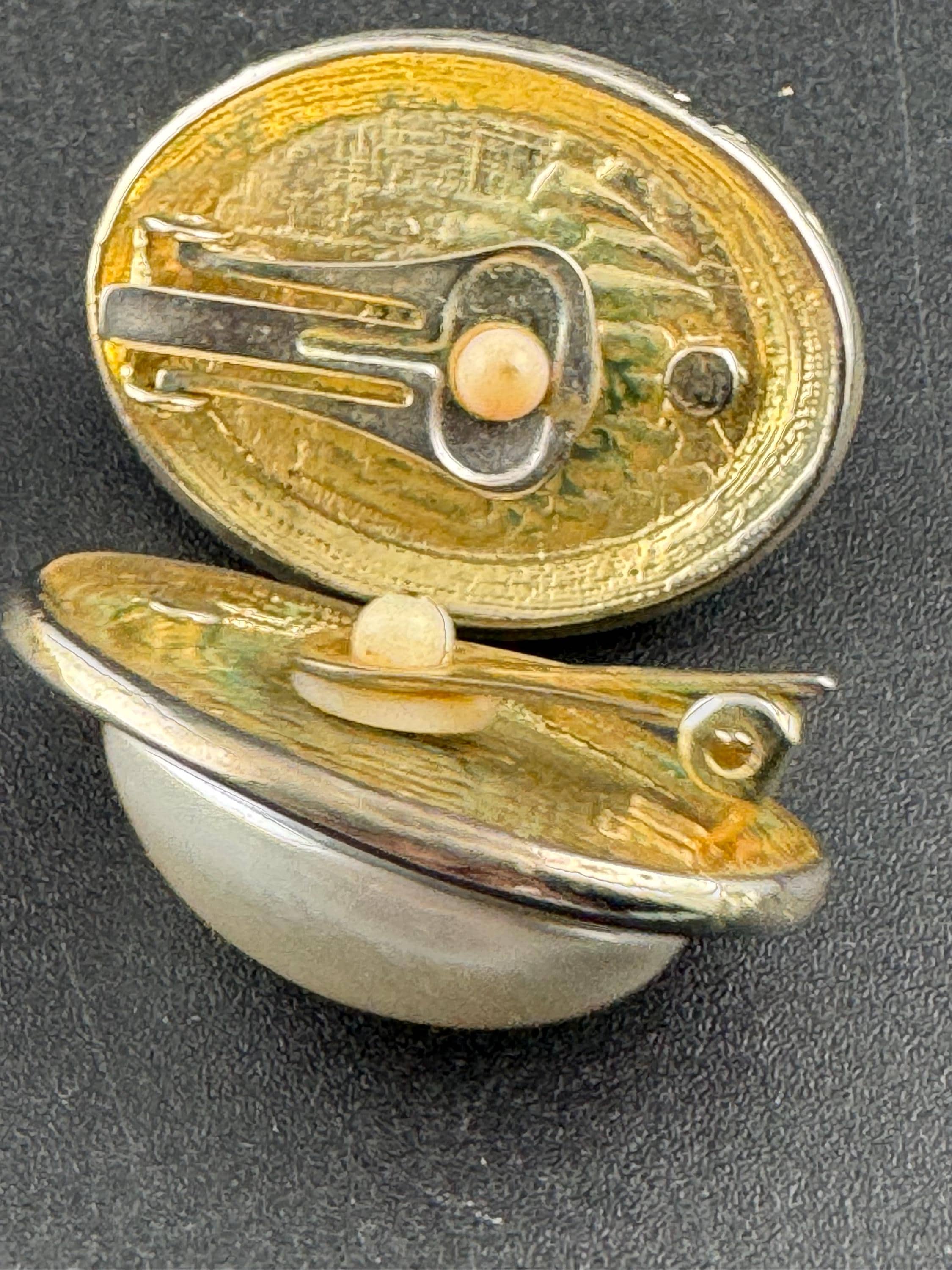 Vintage black enamel and pearl oval clip on earrings , gold tone