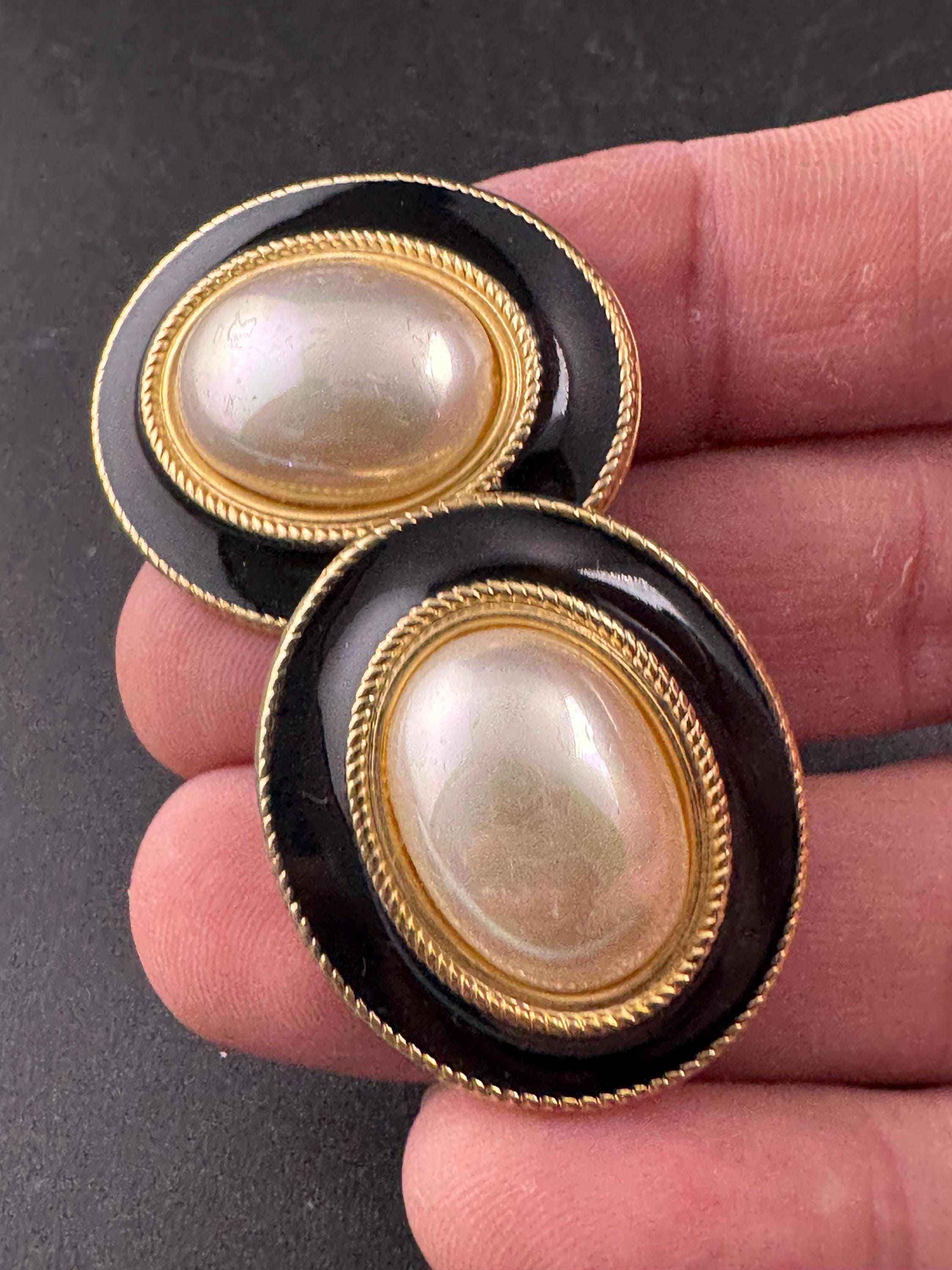 Vintage black enamel and pearl oval clip on earrings , gold tone