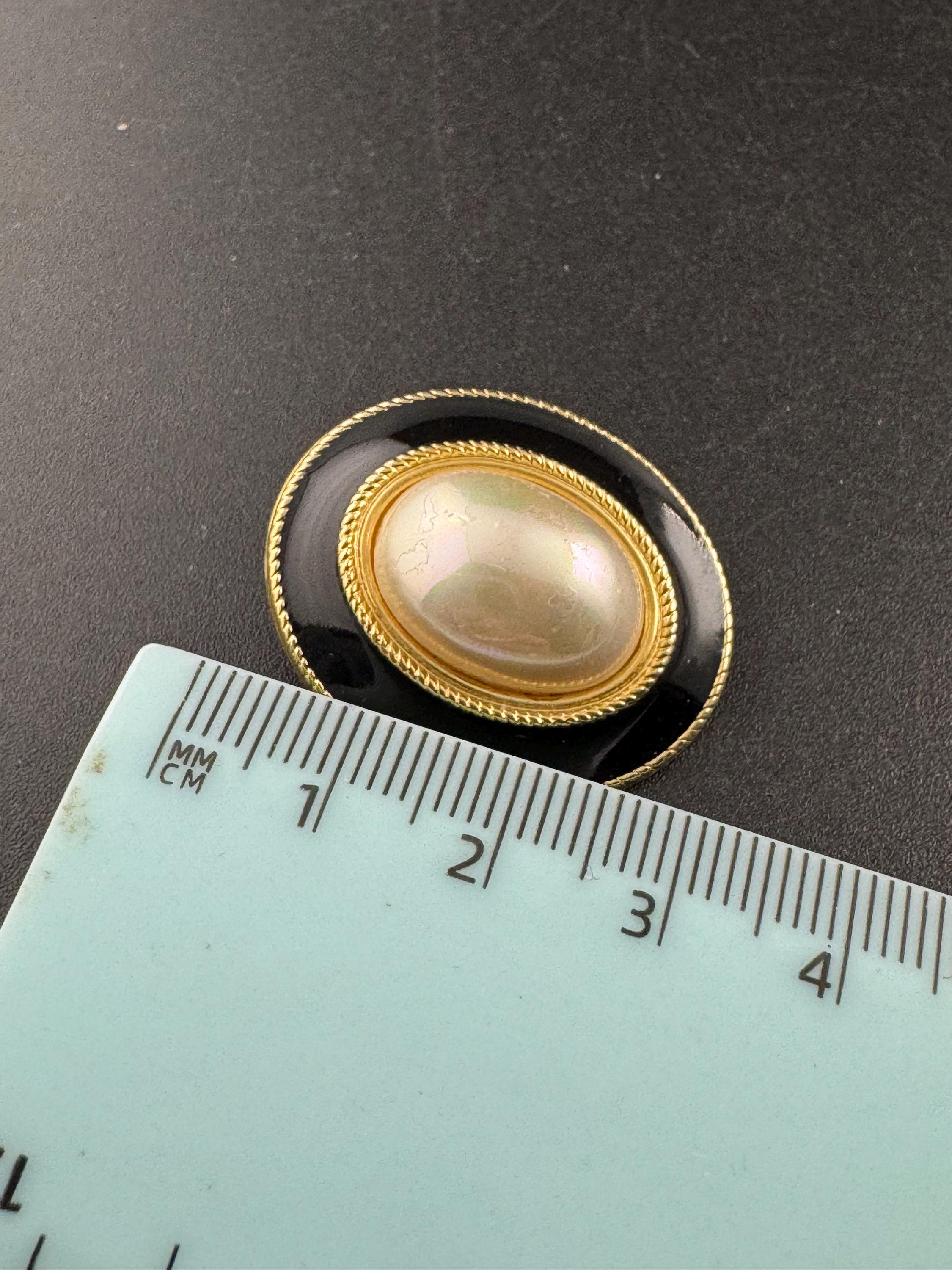 Vintage black enamel and pearl oval clip on earrings , gold tone