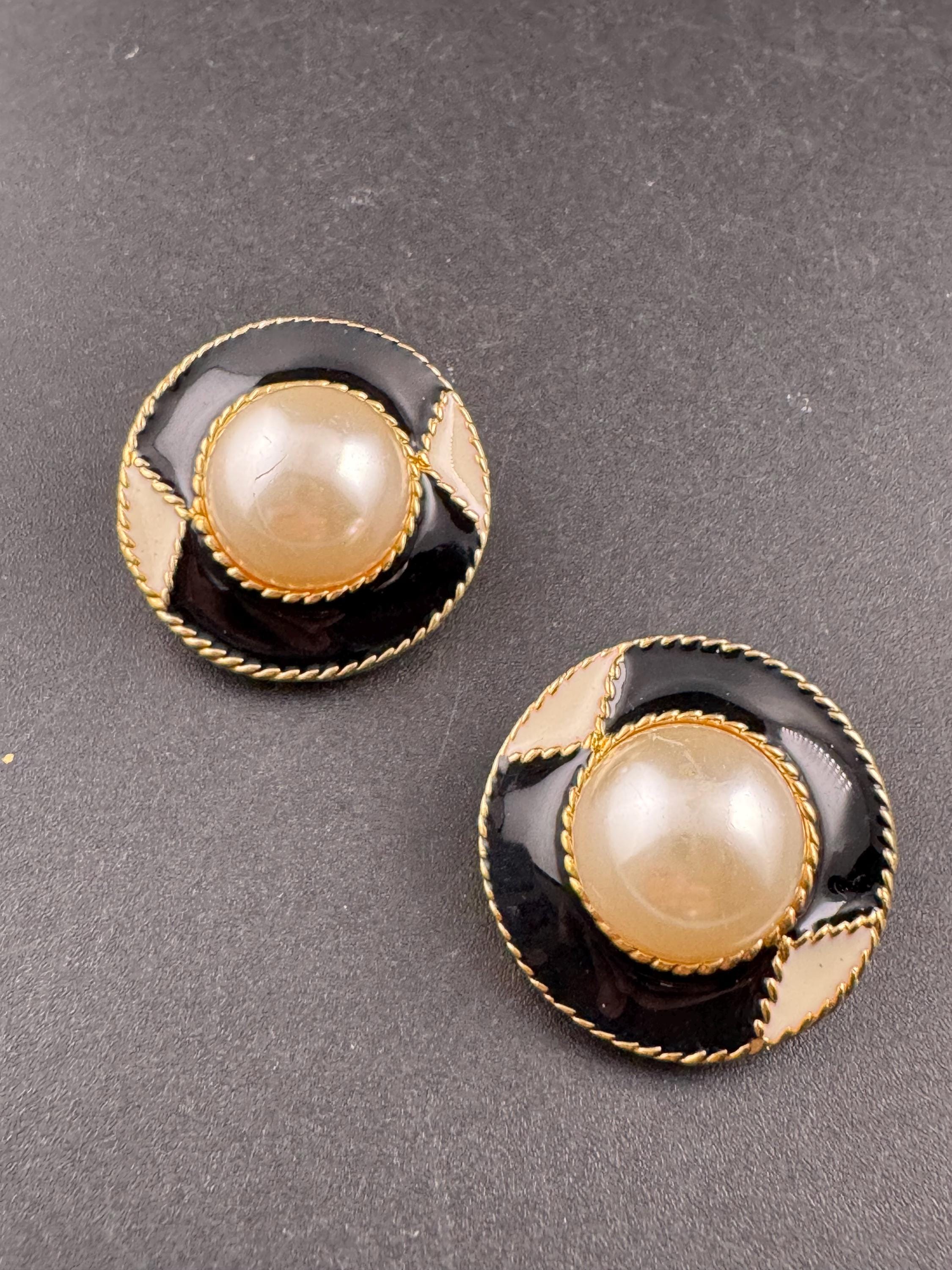 Vintage black and cream enamel and pearl oval clip on earrings , gold tone
