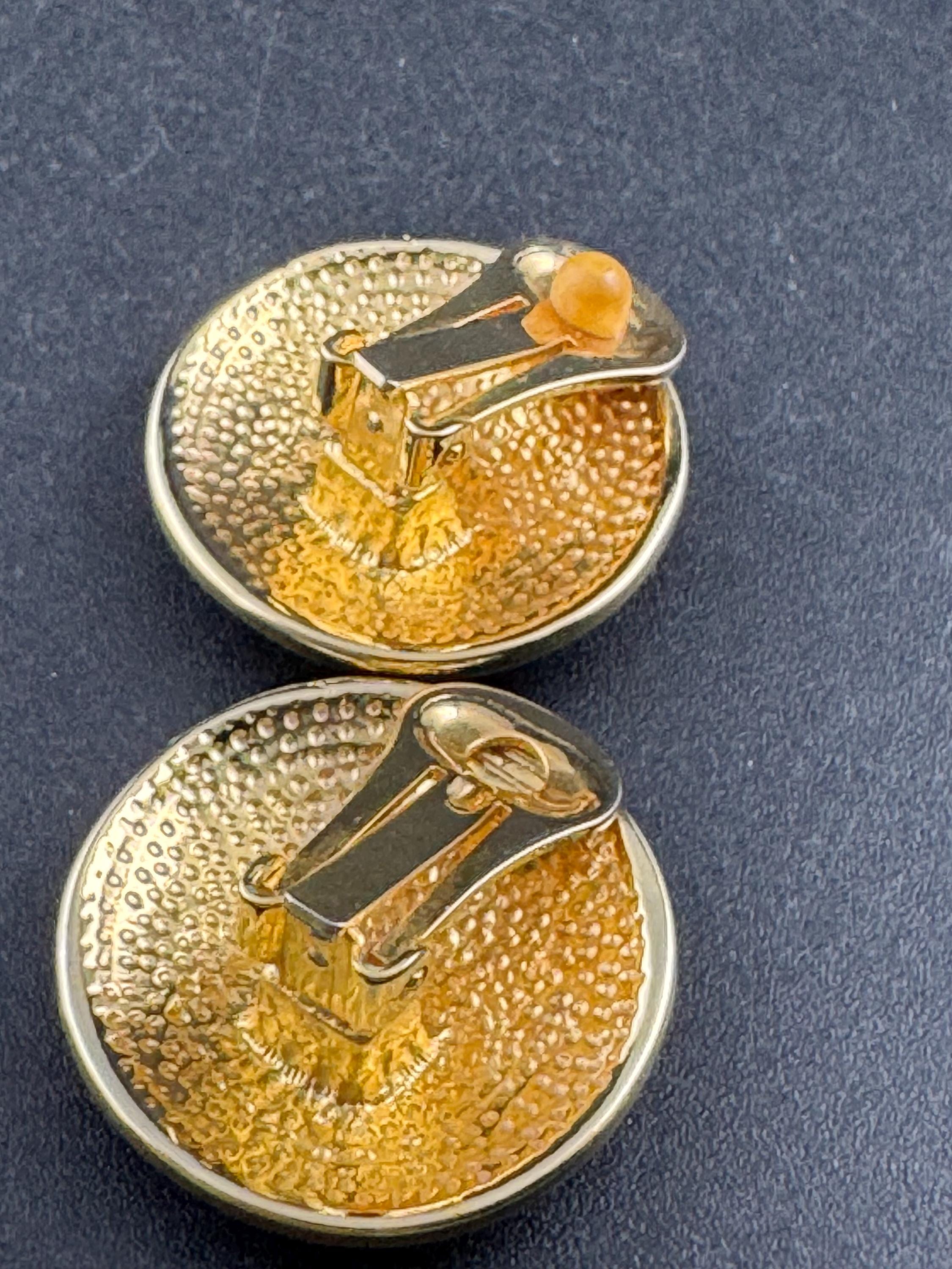 Gold tone teal green enamel round stud clip on earrings, Vintage