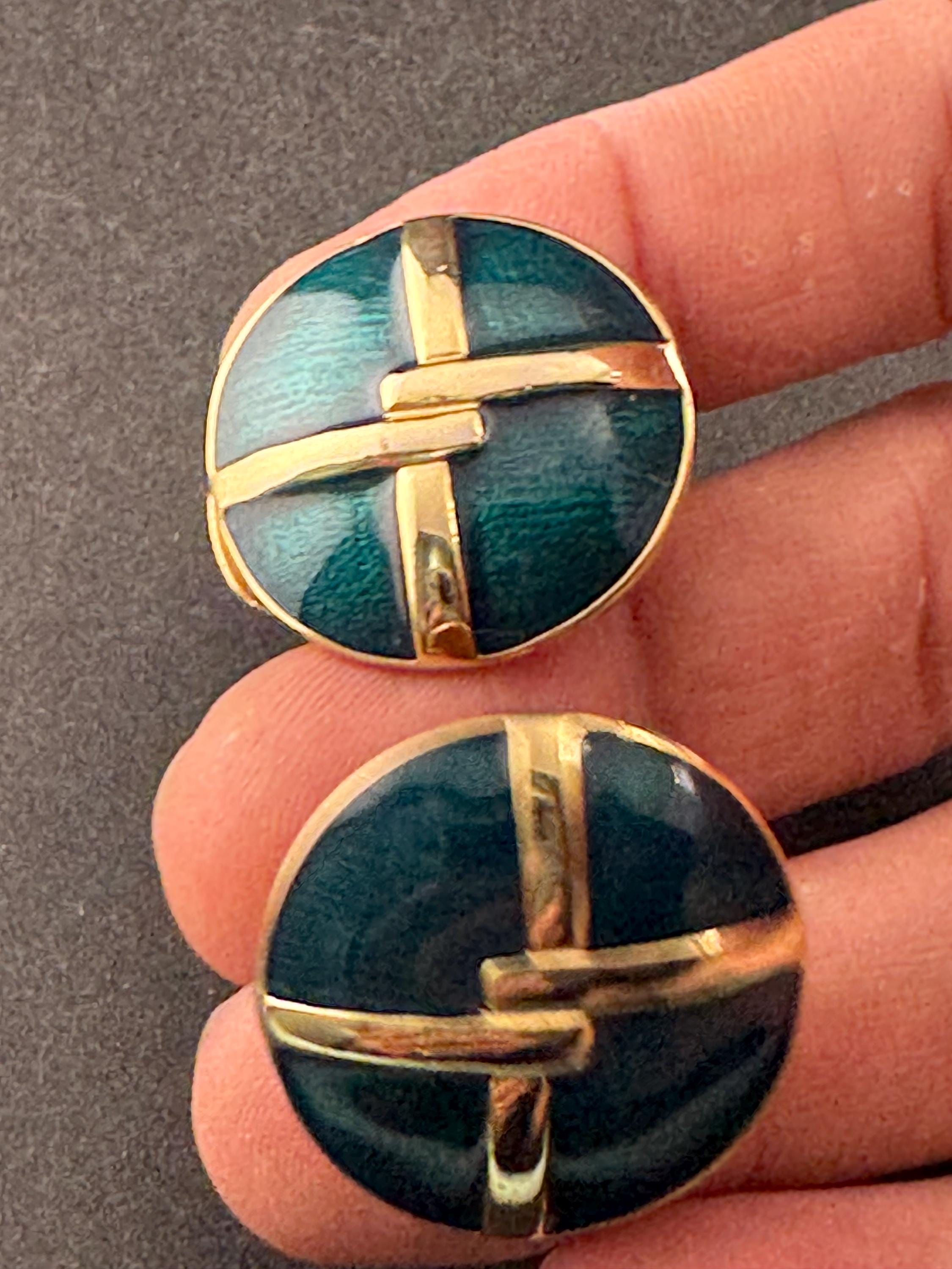 Gold tone teal green enamel round stud clip on earrings, Vintage