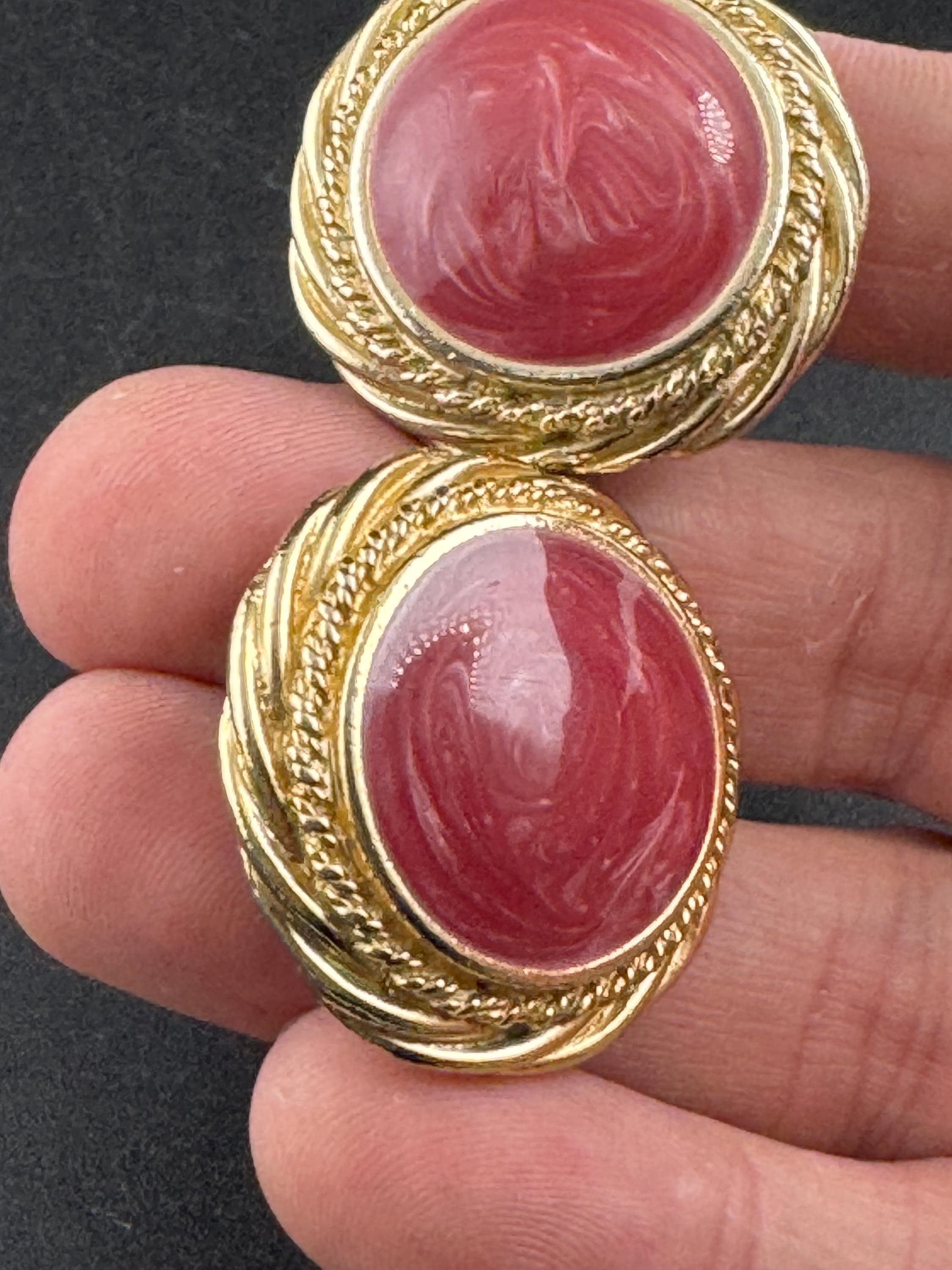 Vintage dusky pink enamel large disc clip on earrings , gold tone