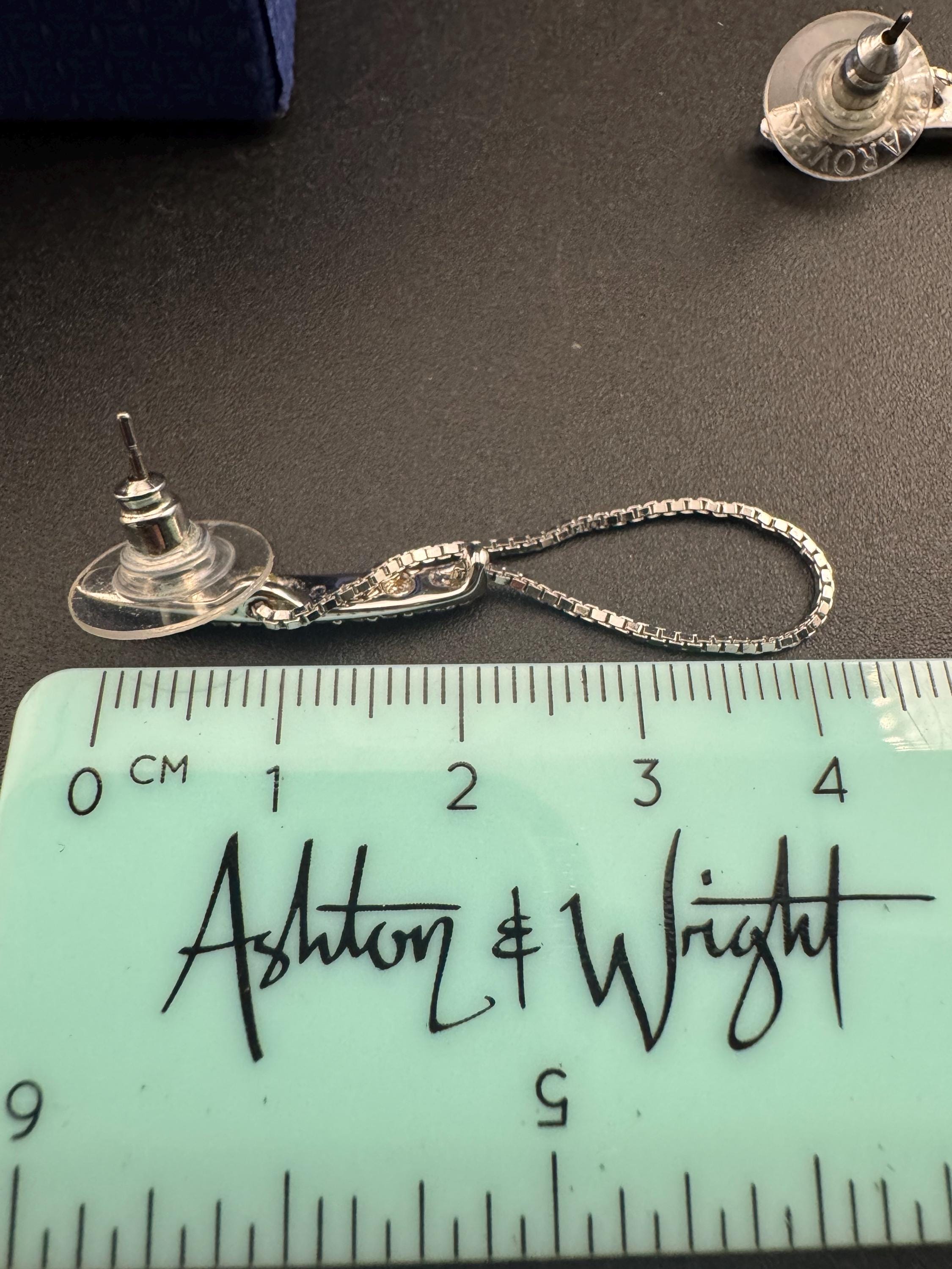 Signed swan Swarovski crystal silver chain link dangly drop earrings