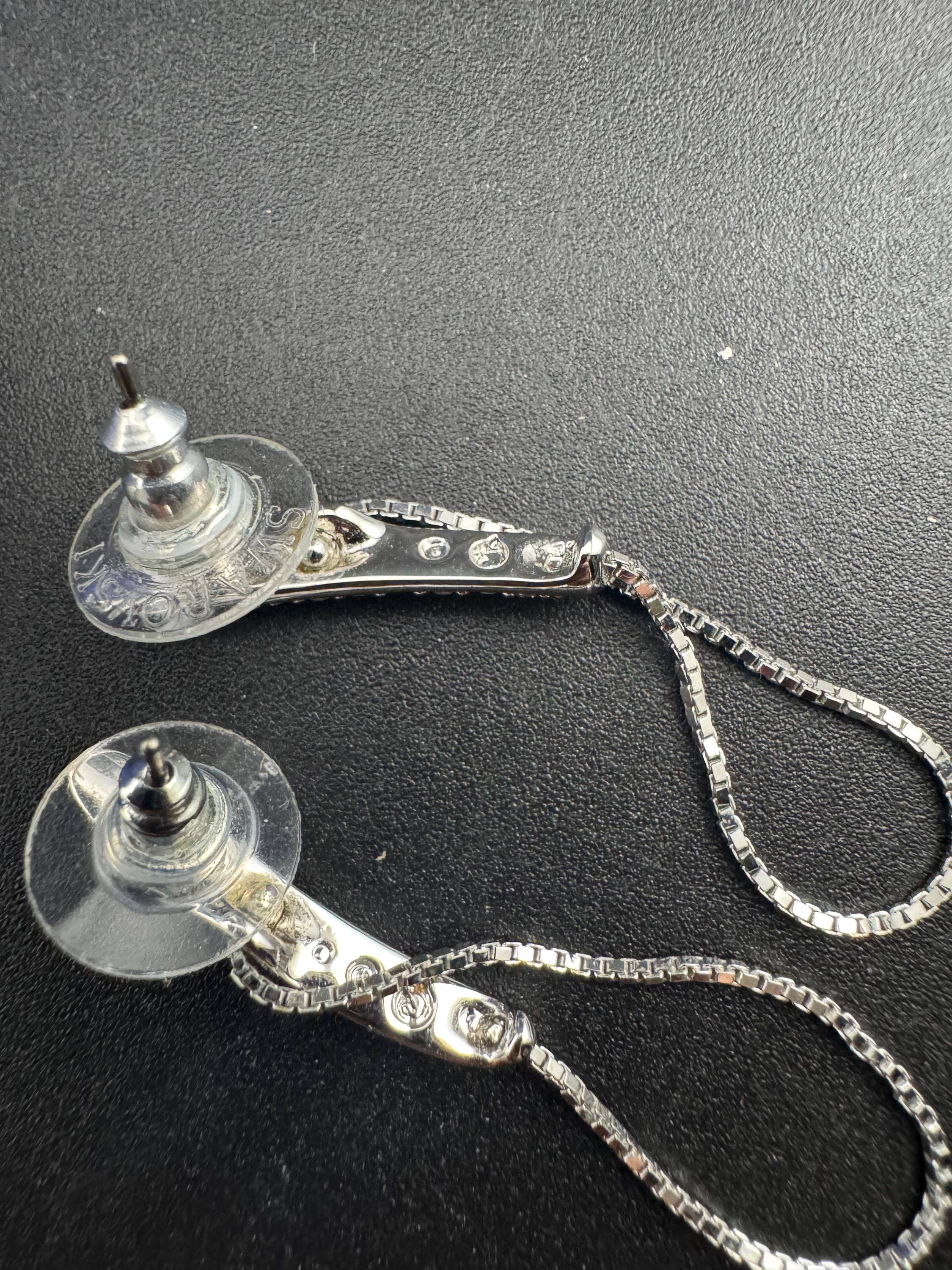 Signed swan Swarovski crystal silver chain link dangly drop earrings