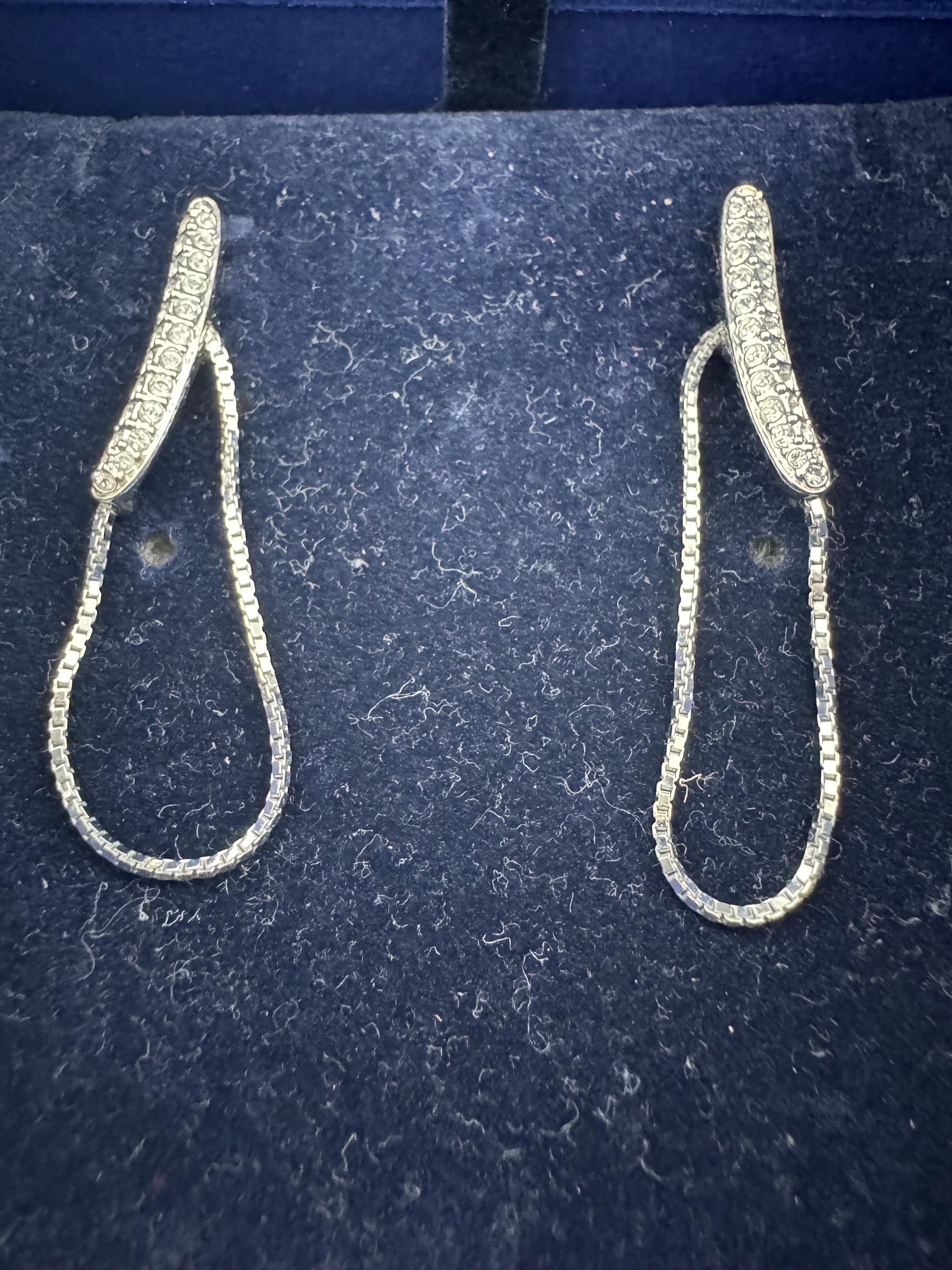 Signed swan Swarovski crystal silver chain link dangly drop earrings