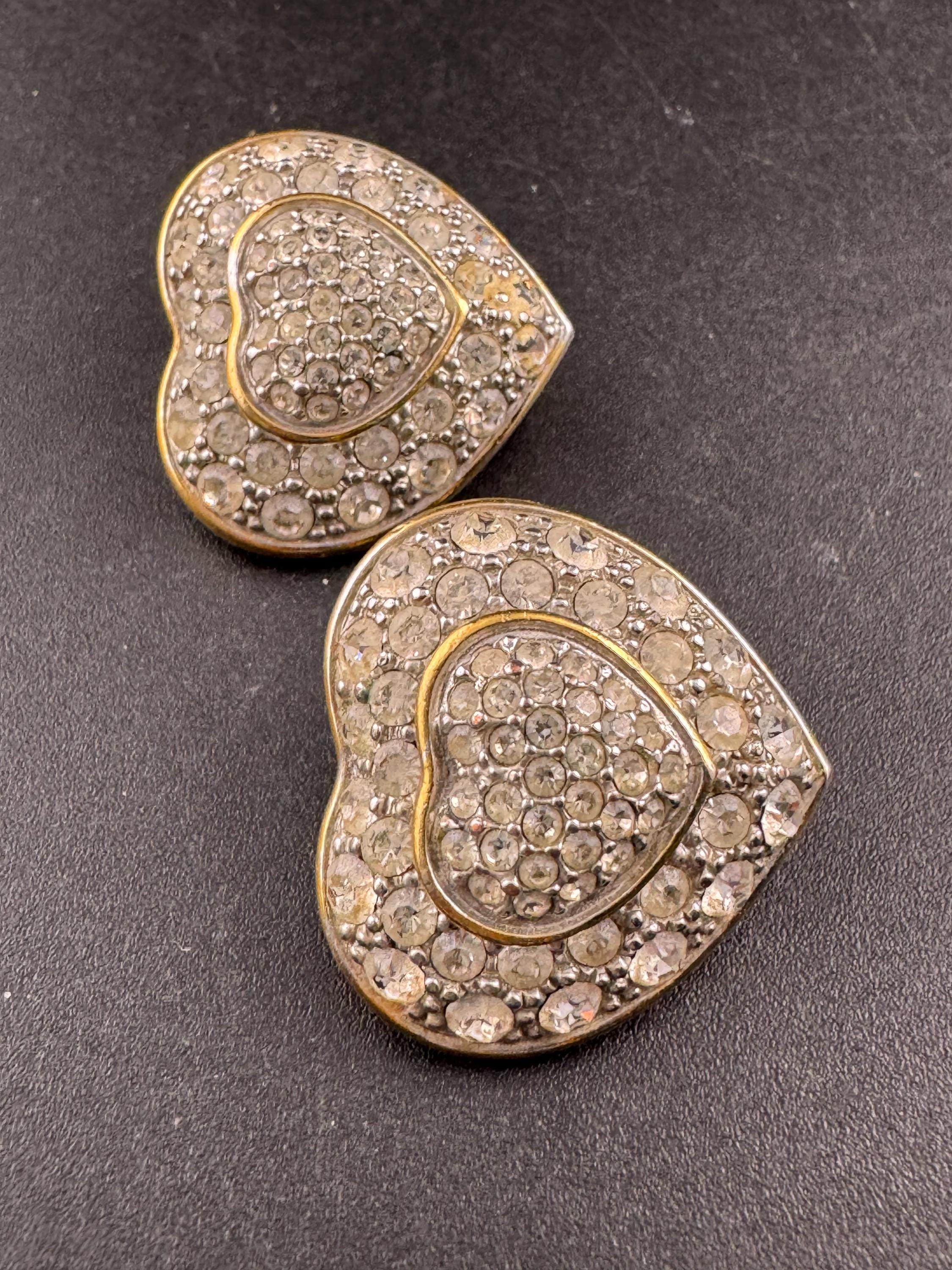 Vintage 1980s clear Crystal Heart oversized clip on Earrings:  gold Tone