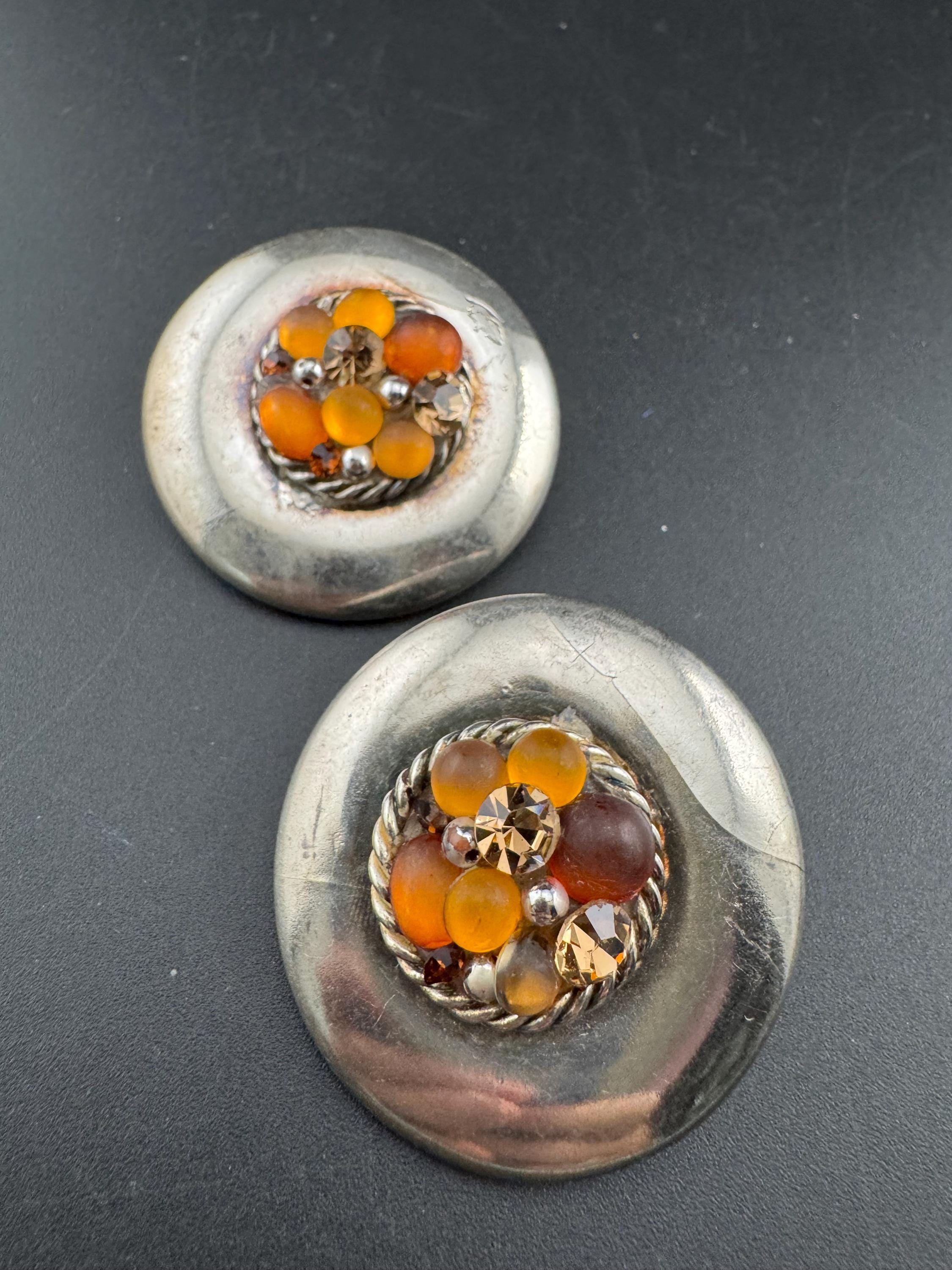 Jacky de G Oversized silver domed Clip On Earrings: designer orange stones